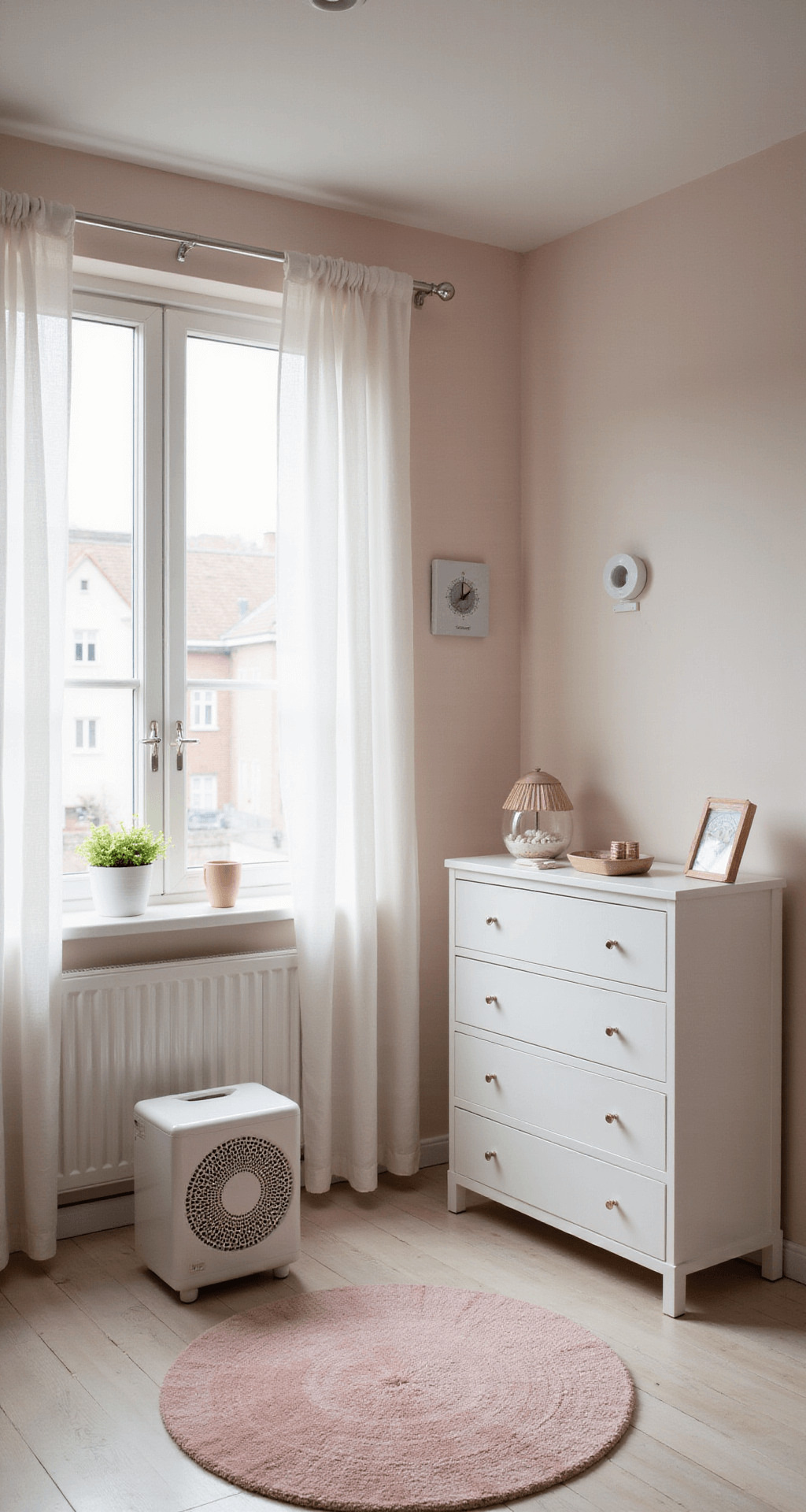 Ruime, lichte babykamer in zachte pasteltinten met een wit houten ledikant en lichtgrijze spijlen tegen een zachtgele muur, voorzien van natuurlijke verlichting en een minimalistische inrichting.