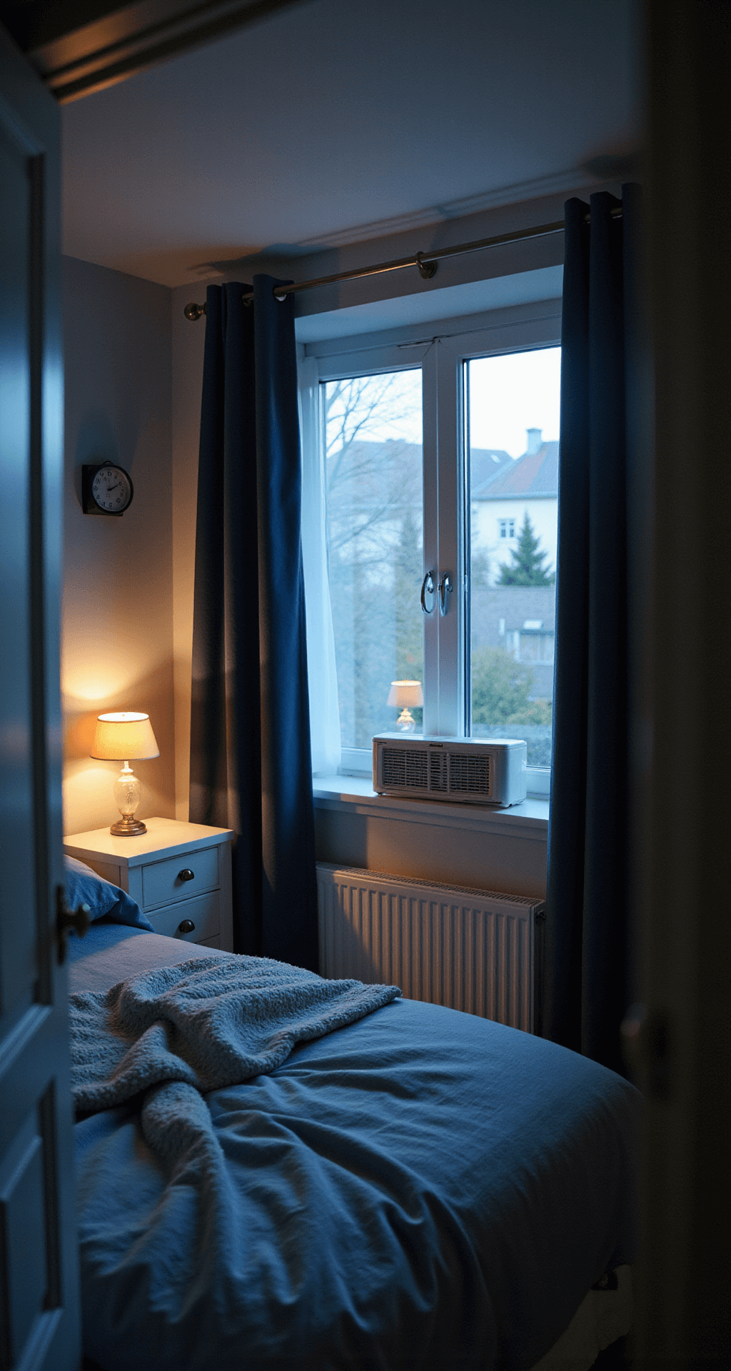 Intieme avondscène in een compacte babykamer met gedempte verlichting, donkerblauwe gordijnen, een klassiek wit ledikant en een thermometer die 18°C aangeeft, vastgelegd vanuit de deuropening met een warme sfeer en zachte schaduwen.