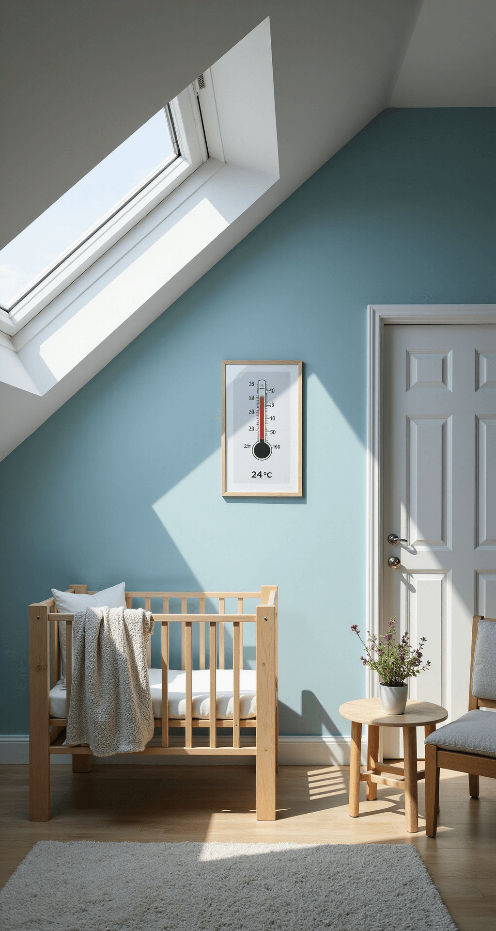 Moderne babykamer met lichtblauwe muren, gesloten gordijnen, ledikant met dunne lak, bevroren waterfles op hoge kast en thermometer die 24°C aangeeft, gefotografeerd vanuit hoog standpunt met nadruk op klimaatbeheersing.