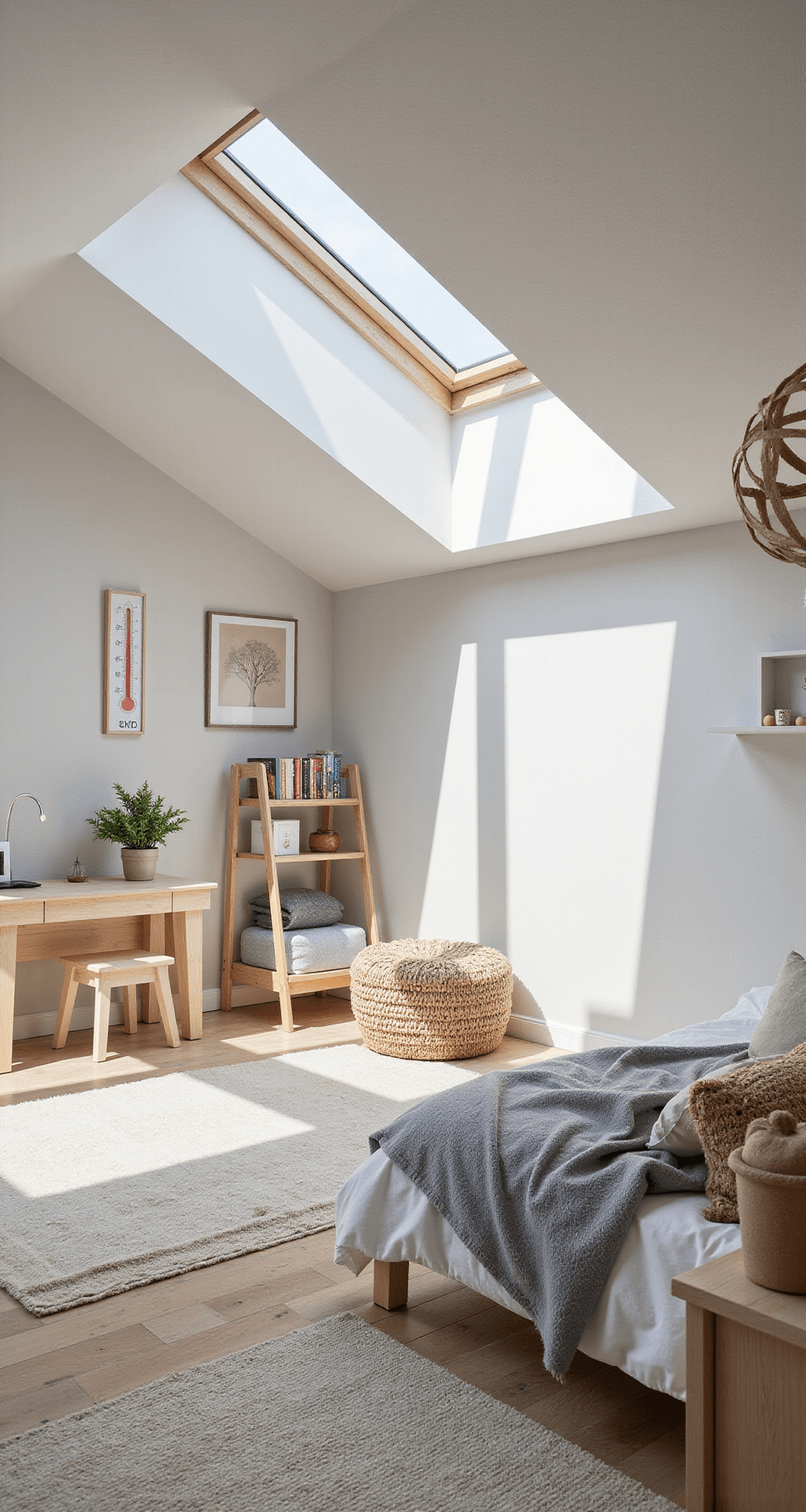 Ruime, moderne kinderkamer in Scandinavische stijl met lichte houtaccenten, wit ledikant en zichtbare thermometer op 17°C. Ventilatierooster actief en gordijnen op een kier, met fris ochtendlicht dat lange schaduwen werpt. Wide-angle shot benadrukt de ruimtelijkheid en klimaatbeheersing.