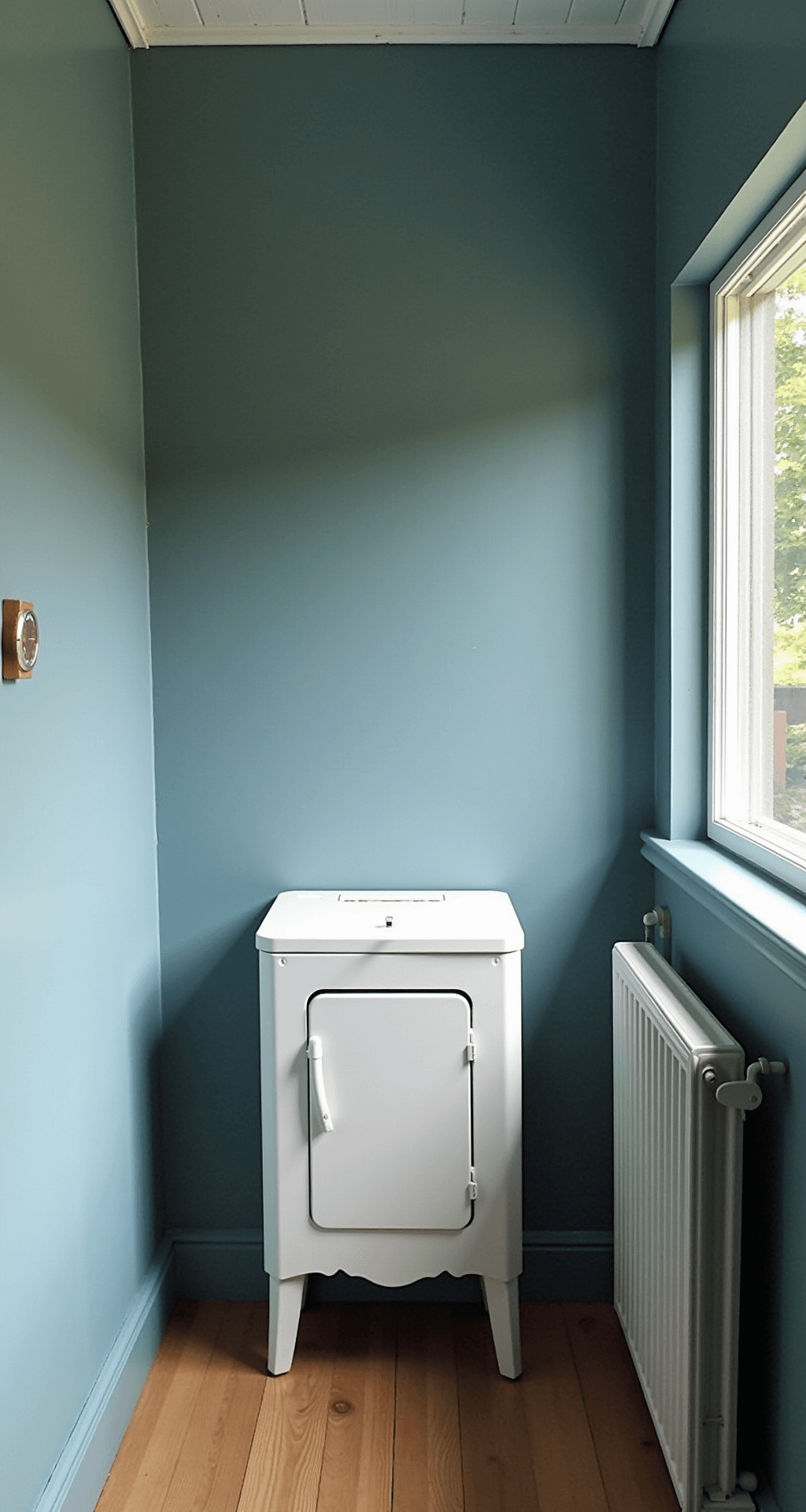 Compacte stadsbabykamer met grijsblauwe muren en beslagen ramen, vintage wit ledikant met warme dekentjes, thermometer op 16°C, kleine radiator aan, dramatisch zij-perspectief met nadruk op regendruppels op het raam.