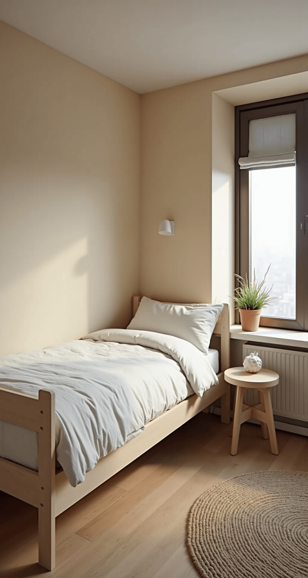Luxe babykamer van 4,5x5m in avondschemering met crèmekleurige muren en gouden accenten, voorzien van een design ledikant met temperatuursensor, half gesloten automatische zonwering en een klimaatbeheersingssysteem dat 18°C weergeeft.