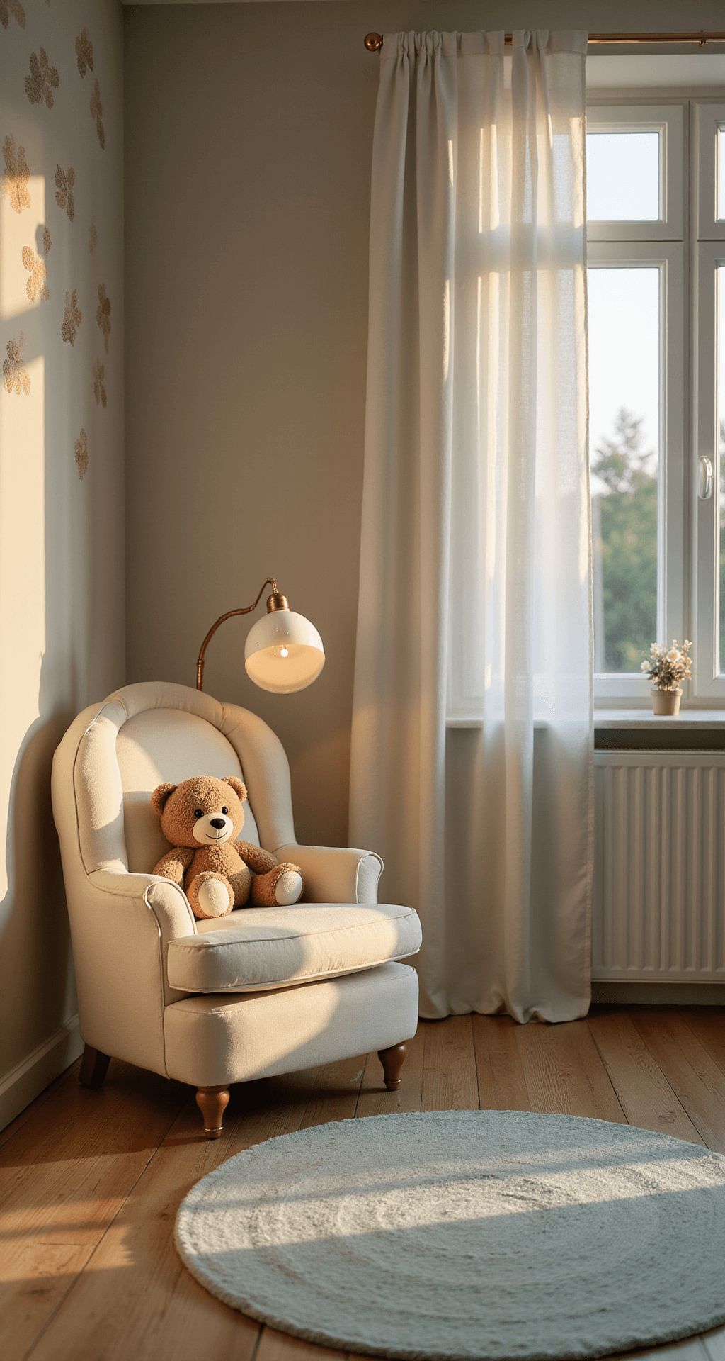 Een gezellige babyhoek in een ruime, vierkante babykamer tijdens zonsondergang, met een crèmekleurige schommelstoel bij het raam, een zacht rond tapijt in pastelmint, en muren in zachtgrijs met wolkjes.
