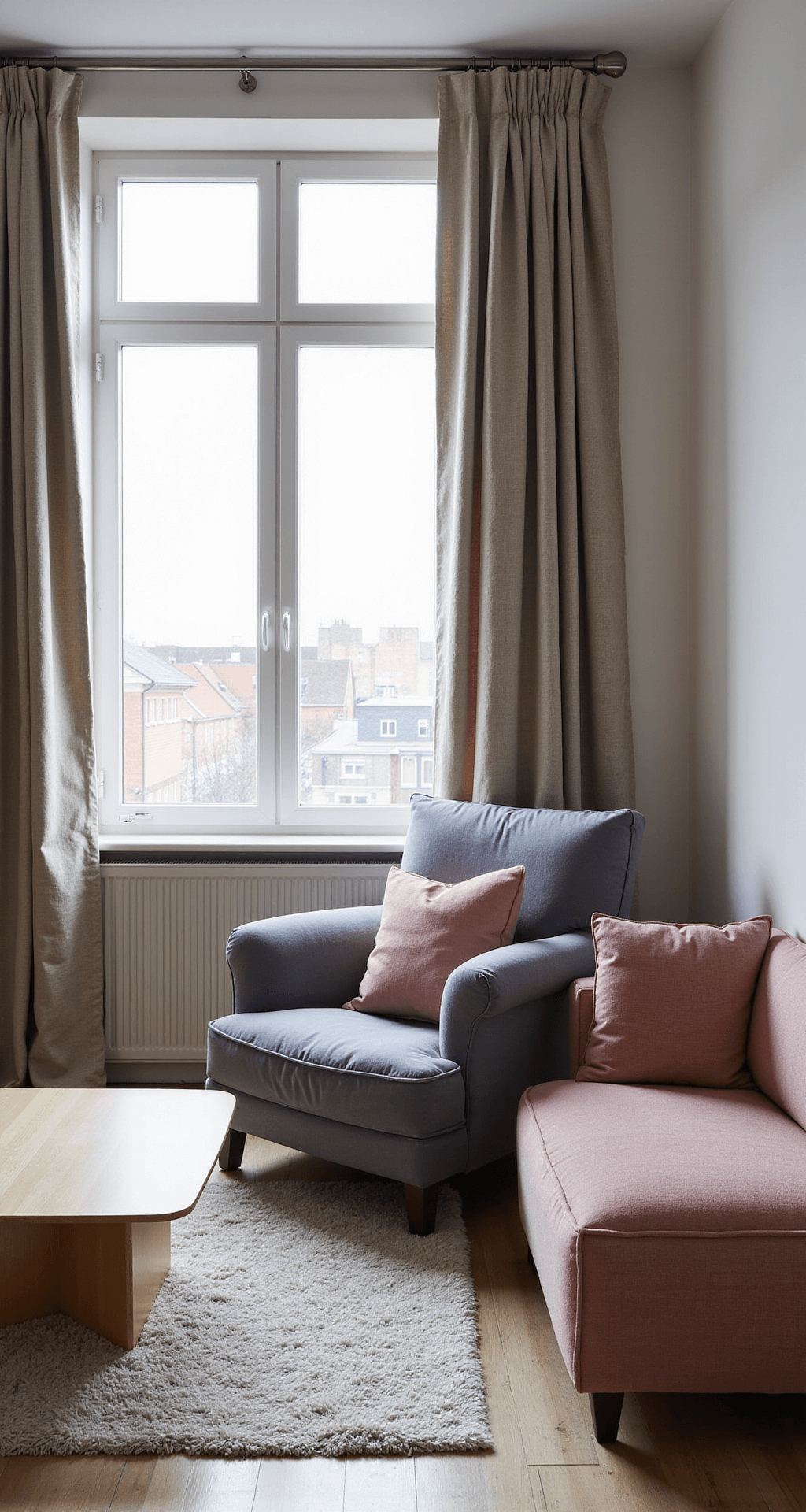 Moderne voedingshoek in een rechthoekige babykamer met grijsblauwe velours fauteuil tegen zachtroze muur, blank houten bijzettafel met koperen details, gefilterd daglicht door linnen gordijnen, lage camerahoek en breed perspectief.