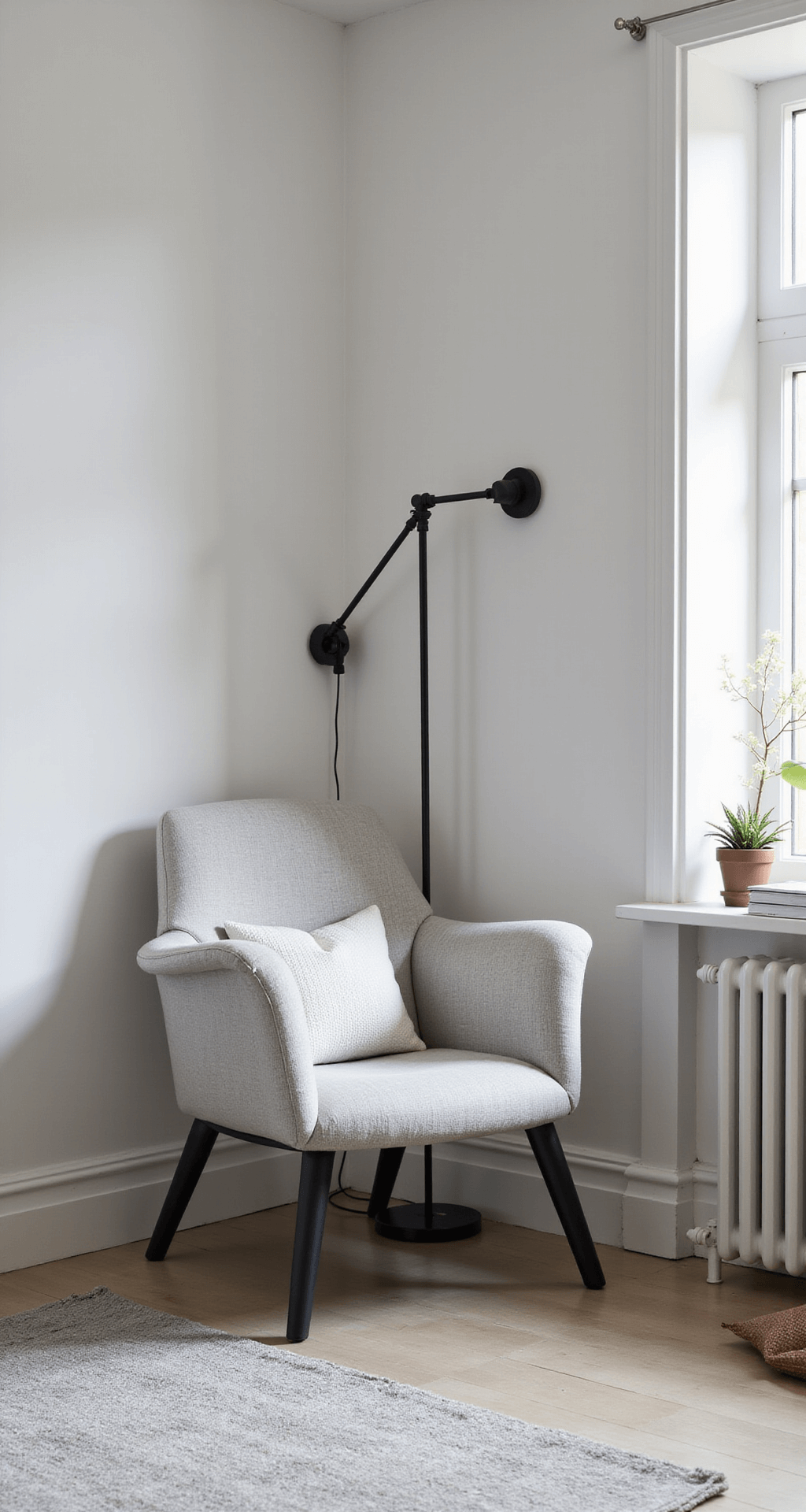 Minimalistische L-vormige babykamer met lichtgrijze fauteuil op slanke metalen poten, zwart metalen wandrek met boeken en plantjes, en zachtgele muren in ochtendlicht.