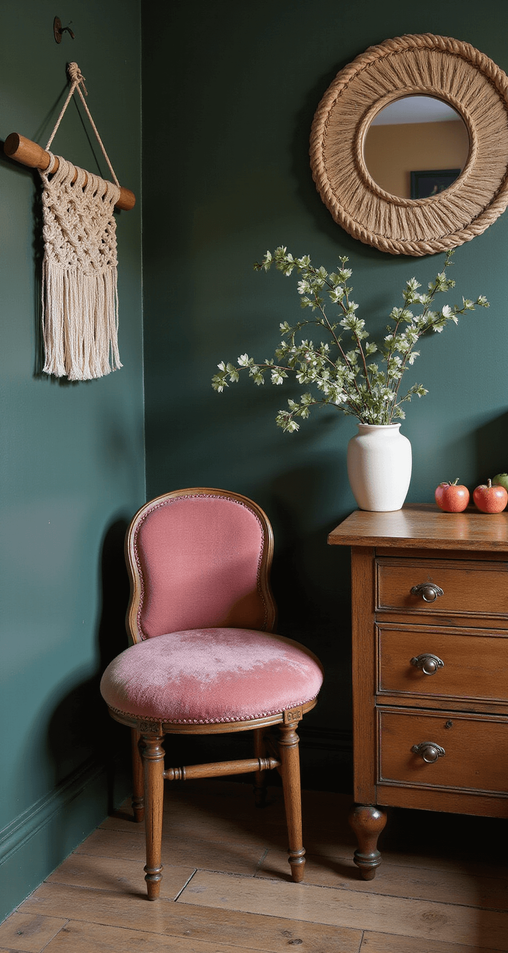 Een vintage-geïnspireerde voedingshoek in schemerdonker met een oudroze fluwelen schommelstoel, een antiek dressoir met messing details, en een warm spotlicht dat een intieme sfeer creëert. De muren zijn zachtgroen met lambrisering, en er zijn macramé wandhangers en rotan details zichtbaar. De foto is vanuit frontaal op ooghoogte genomen met dramatische schaduwwerking.