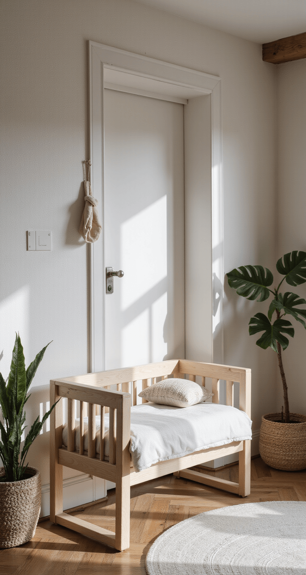 Een landelijke babykamer in ochtendlicht met een linnen schommelstoel, rieten manden en een juten vloerkleed. Witte wandplanken met eucalyptus en zandkleurige muren met krijtverf textuur. Beeld genomen vanuit de deuropening, met nadruk op natuurlijke materialen.