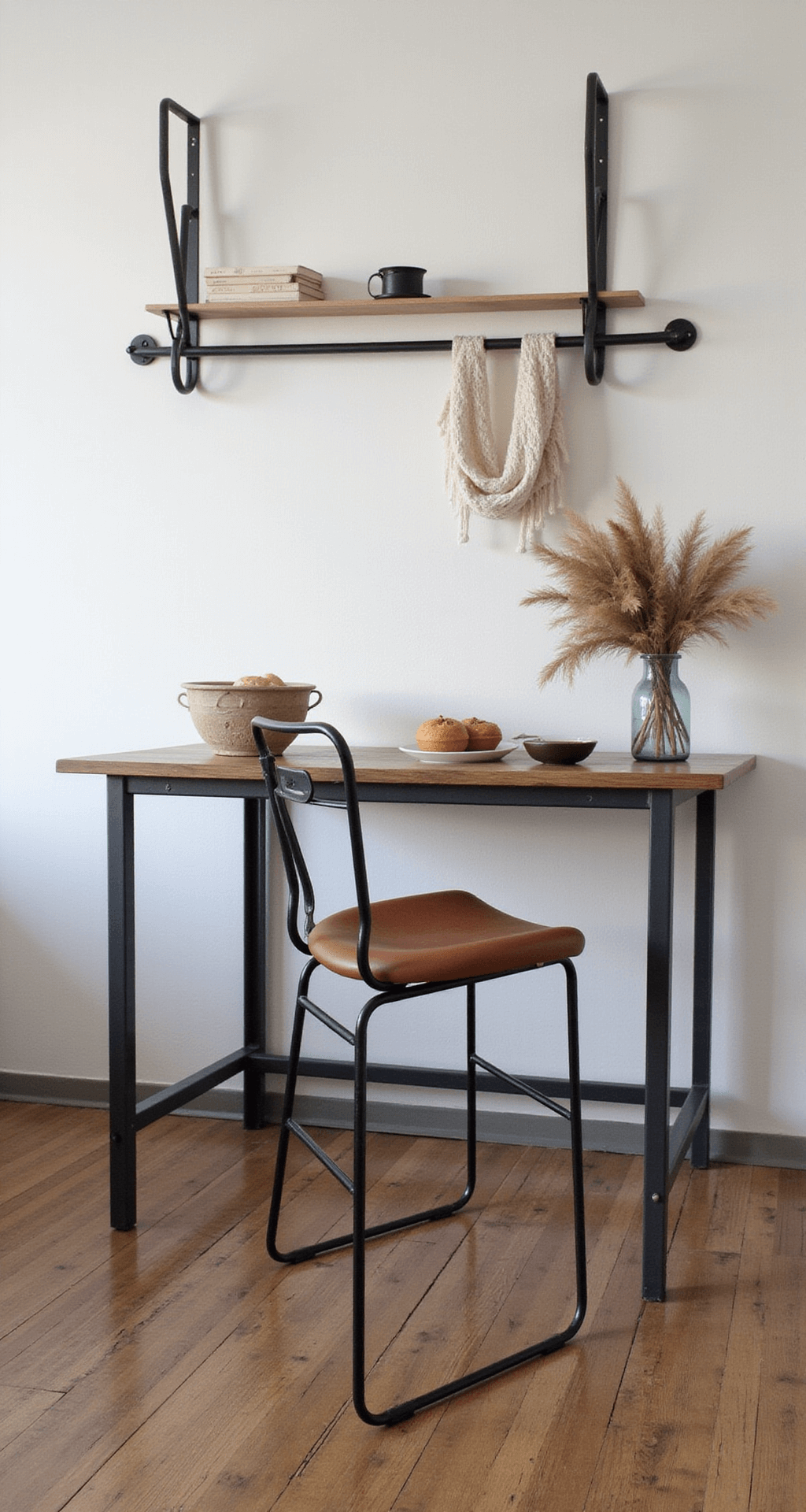 Moderne babykamer met industriële elementen, featuring een zwarte metalen stoel met cognac leren bekleding tegen een betonlook muur, zwevende zwarte stellingkasten en grote zwarte stalen ramen, met een warme houten vloer in contrast, vastgelegd vanuit een dramatisch laag standpunt.