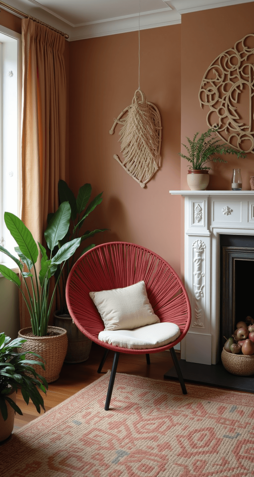 Bohemian voedingshoek met rotan pauwenstoel en ecru kussens, omringd door hangplanten, een terracotta kelim tapijt, bamboe wanddecoratie en een rijstpapieren hanglamp in warme, sfeervolle verlichting.