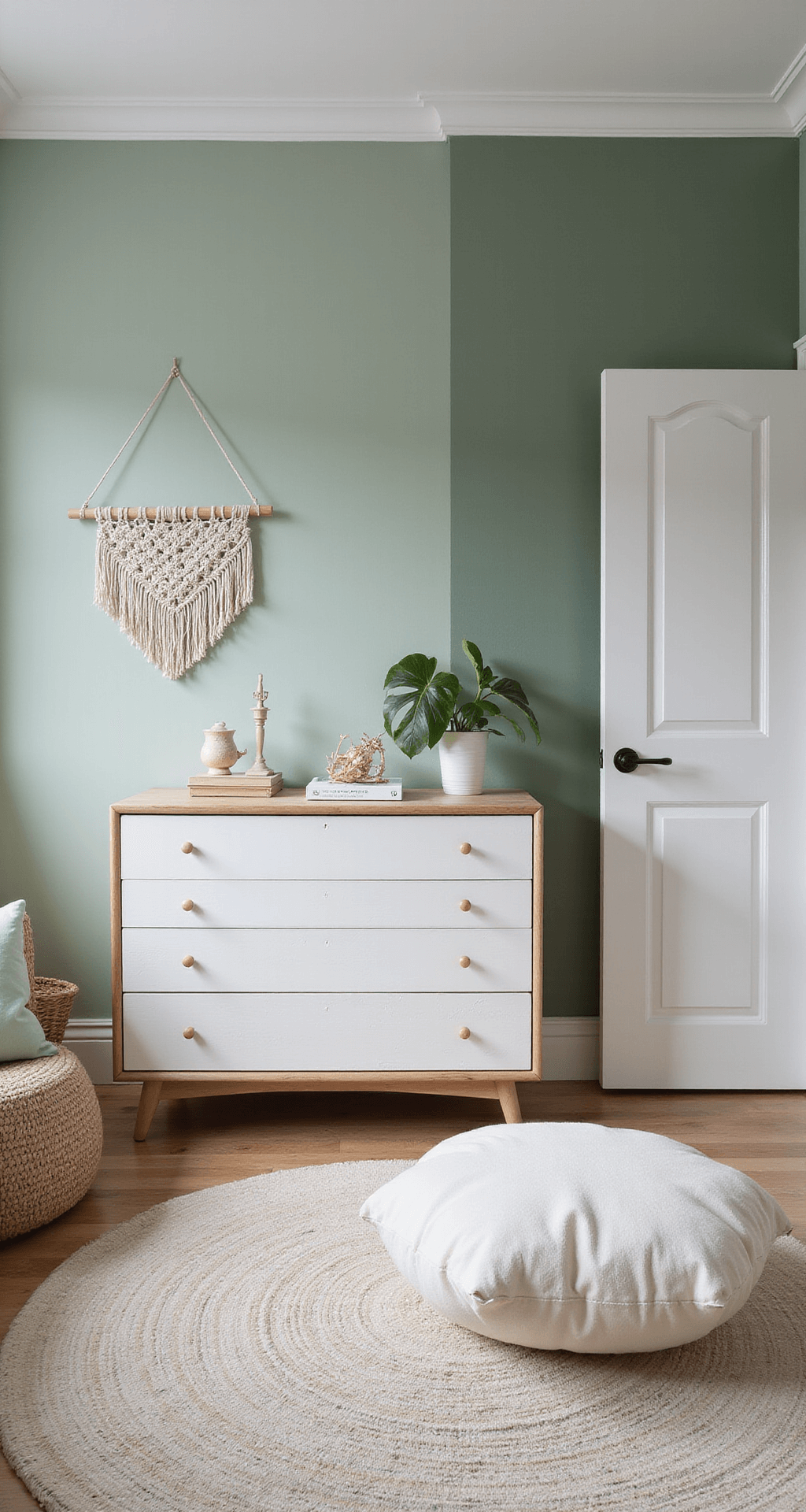 Een serene babykamer met hoge ramen die ochtendlicht filtert. Zachtgroene accentmuur, naturel houten ledikant met klamboe, robuuste commode en macramé wandhanger. Crème kleurig berber vloerkleed, warme en uitnodigende sfeer.