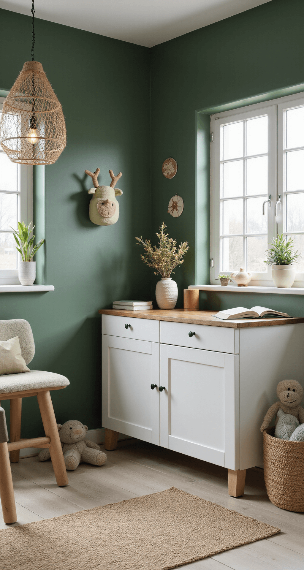 Moderne kinderkamer in bosgroene tinten met een schuine dakkapel, zithoek met saliegroen kussens, naturel eiken vloer in visgraatpatroon, witte meubels en botanische wanddecoratie, sfeervol verlicht tijdens het gouden uur.