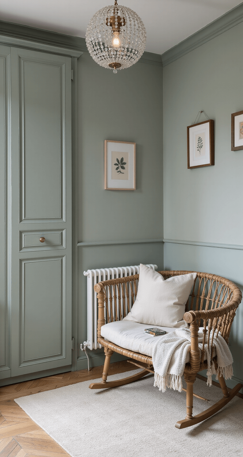 Ruime babykamer met vintage elementen, olijfgroene lambrisering en antieke witte spijlenwieg onder een kristallen kroonluchter. Franse openslaande deuren met linnen gordijnen en rotan schommelstoel. Vervagend Perzisch tapijt, warm diffuus middaglicht.