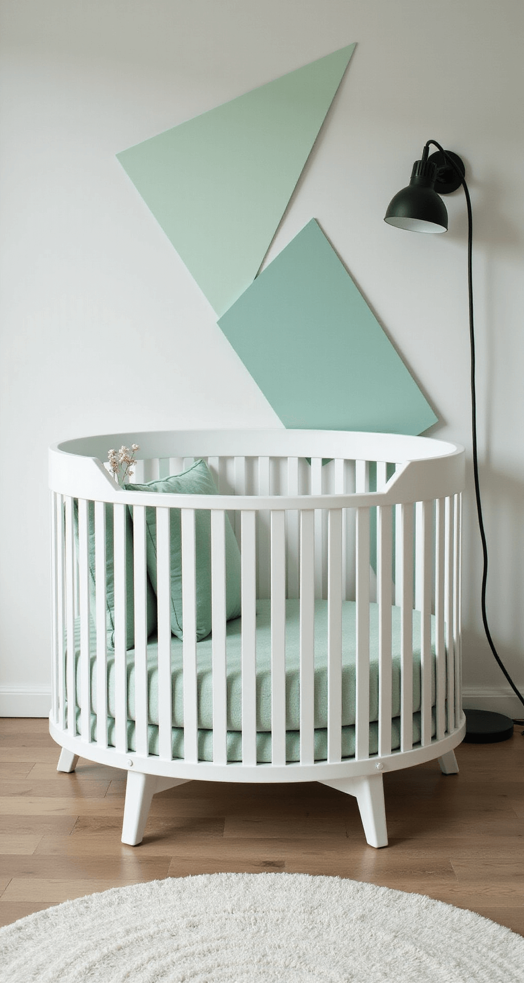 Scandinavische babykamer van 4x3.5 meter in pastelmint met witte houten vloerdelen, hoogpolig vloerkleed, minimalistisch wit ledikant met organische mobiel, geometrische wandplanken met groene accenten, zwarte industriële wandlamp en zacht textiel in verschillende groentinten.