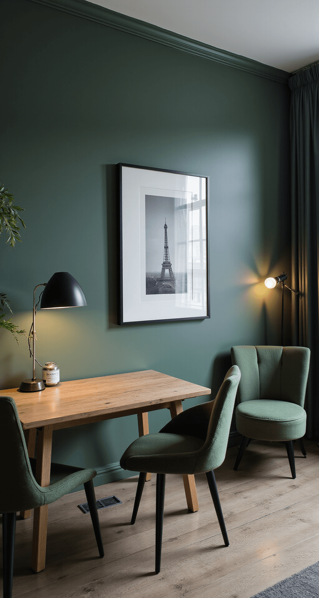 Luxe kinderkamer met steengroene feature wall, art deco elementen, donkergroen fluweel, gouden vloerlamp, marmeren bijzettafel en zwart-wit fotografie in gouden lijsten, gefotografeerd vanuit hoge hoek met dramatische avondbelichting.