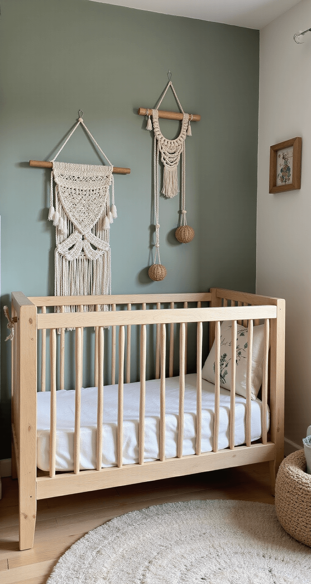 Natuurlijke babykamer van 3x4 meter met sage green muren, roestvrijstalen box met linnen bekleding, macramé wanddecoratie, handgeweven tapijt, rieten opbergmanden, en bamboe rolgordijn in bohemian sfeer.