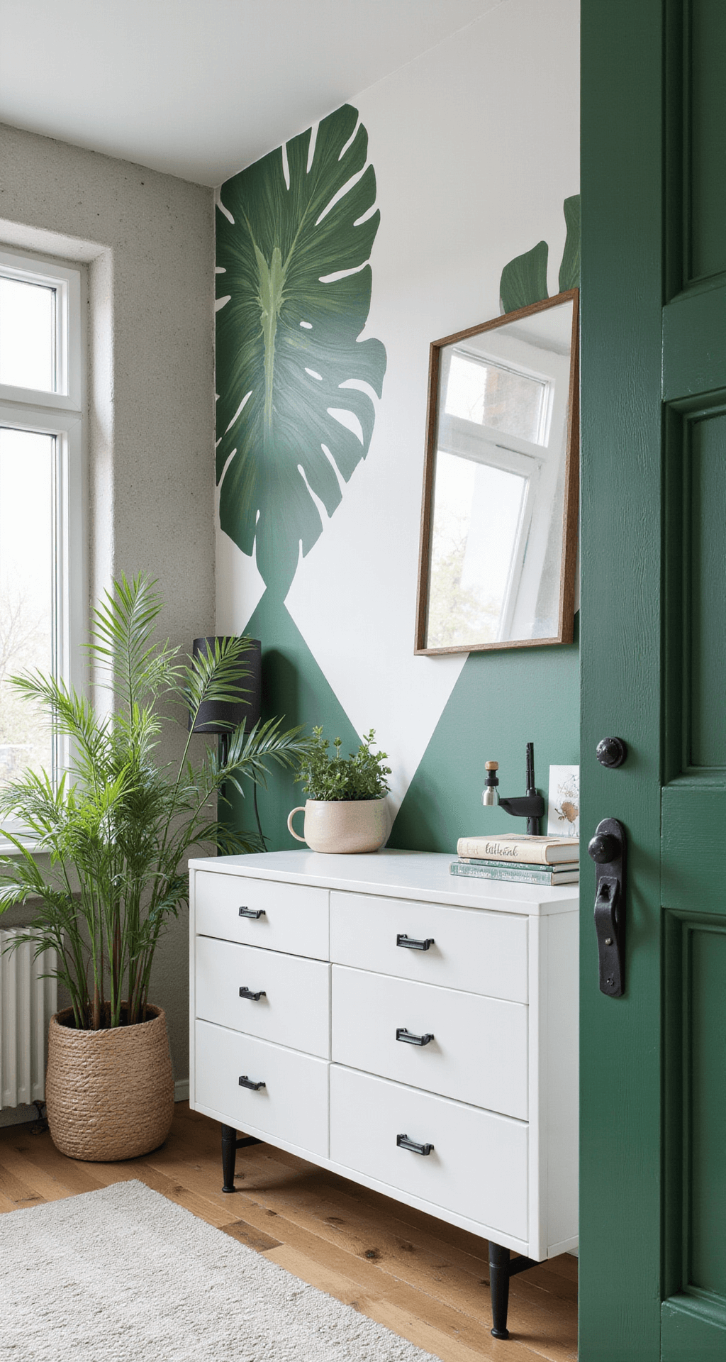 Moderne babykamer van 5x3 meter met witte muren, verticale groene plantenstroken, een zwevende mat witte commode met gouden details, geometrische wanddecoratie in groentinten, een industriële zwarte stellingkast met groene accessoires, een betonlook gietvloer en grote industriële ramen, geschoten op ooghoogte met een focus op een groen accent in een urban jungle sfeer.
