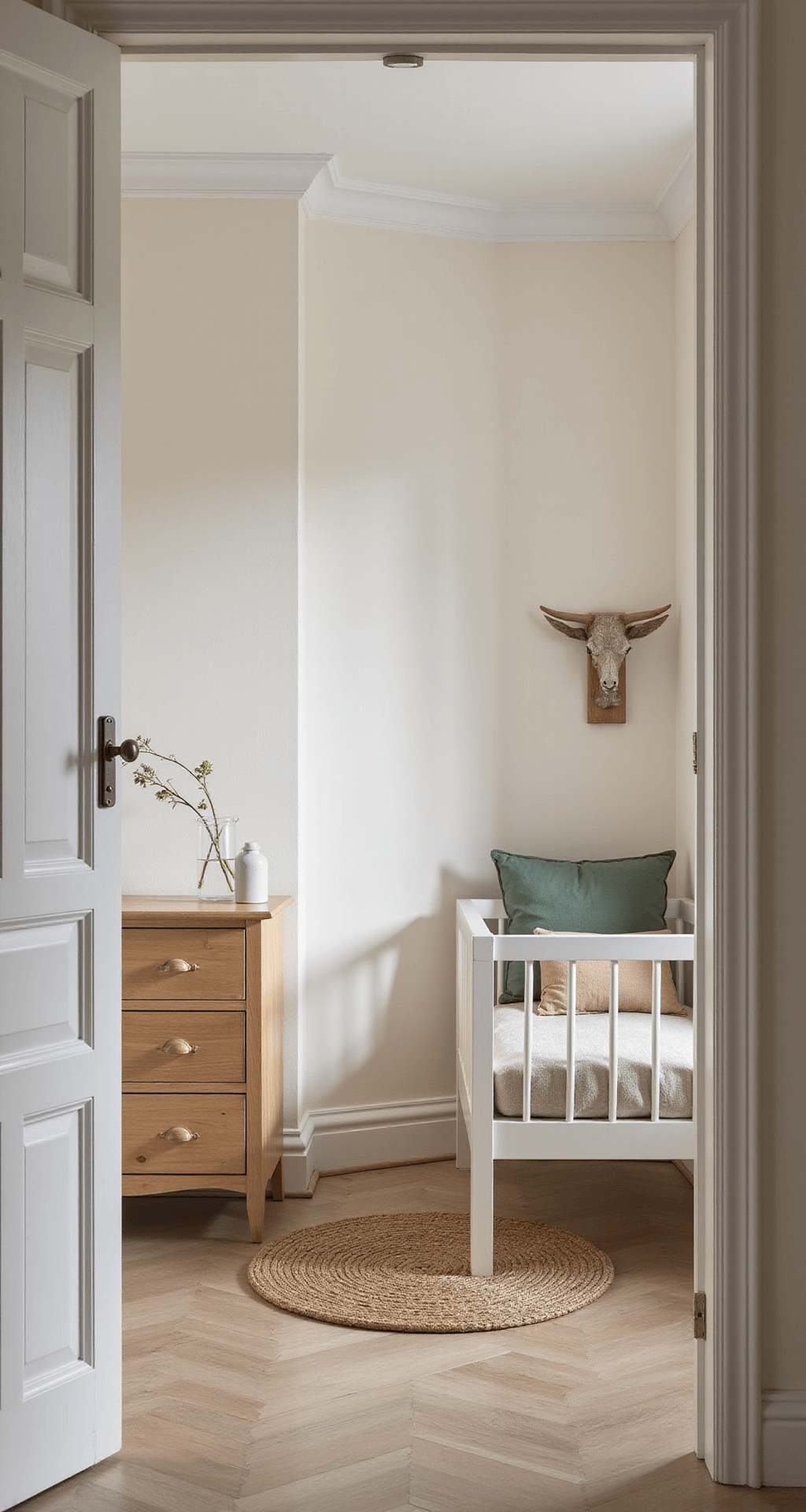 Een ruime babykamer met crèmewitte muren en een lichte eikenhouten vloer, met een wit ledikant in het midden, omringd door zachte sage groene accenten en natuurlijk licht dat door de gordijnen valt.