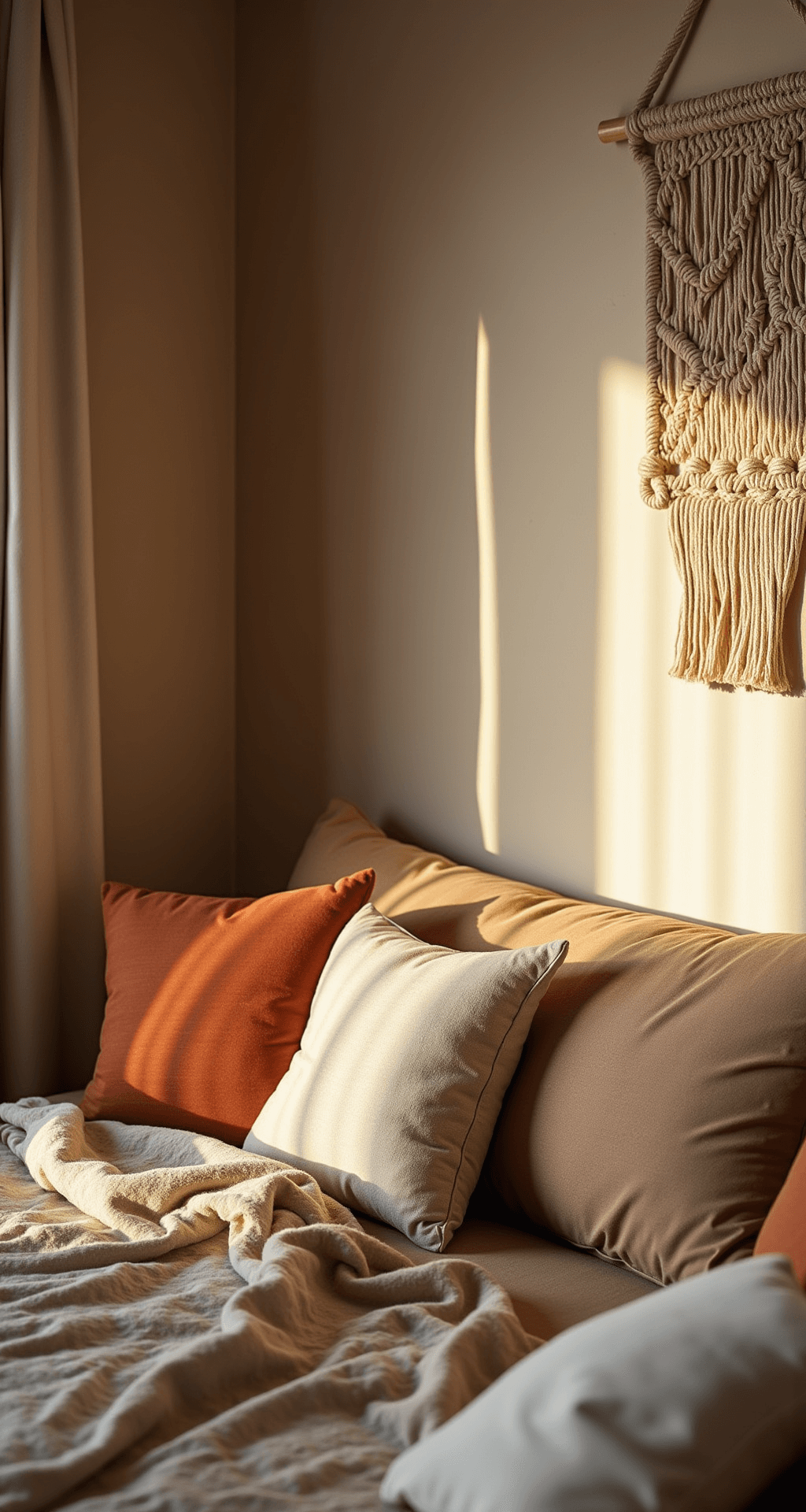 Close-up van een knusse speelhoek met okergele muren en beige lambrisering, zachte kussens in terracotta en beige, en natuurlijke houten opbergelementen met rieten manden, verlicht door warm gouden uurlicht.