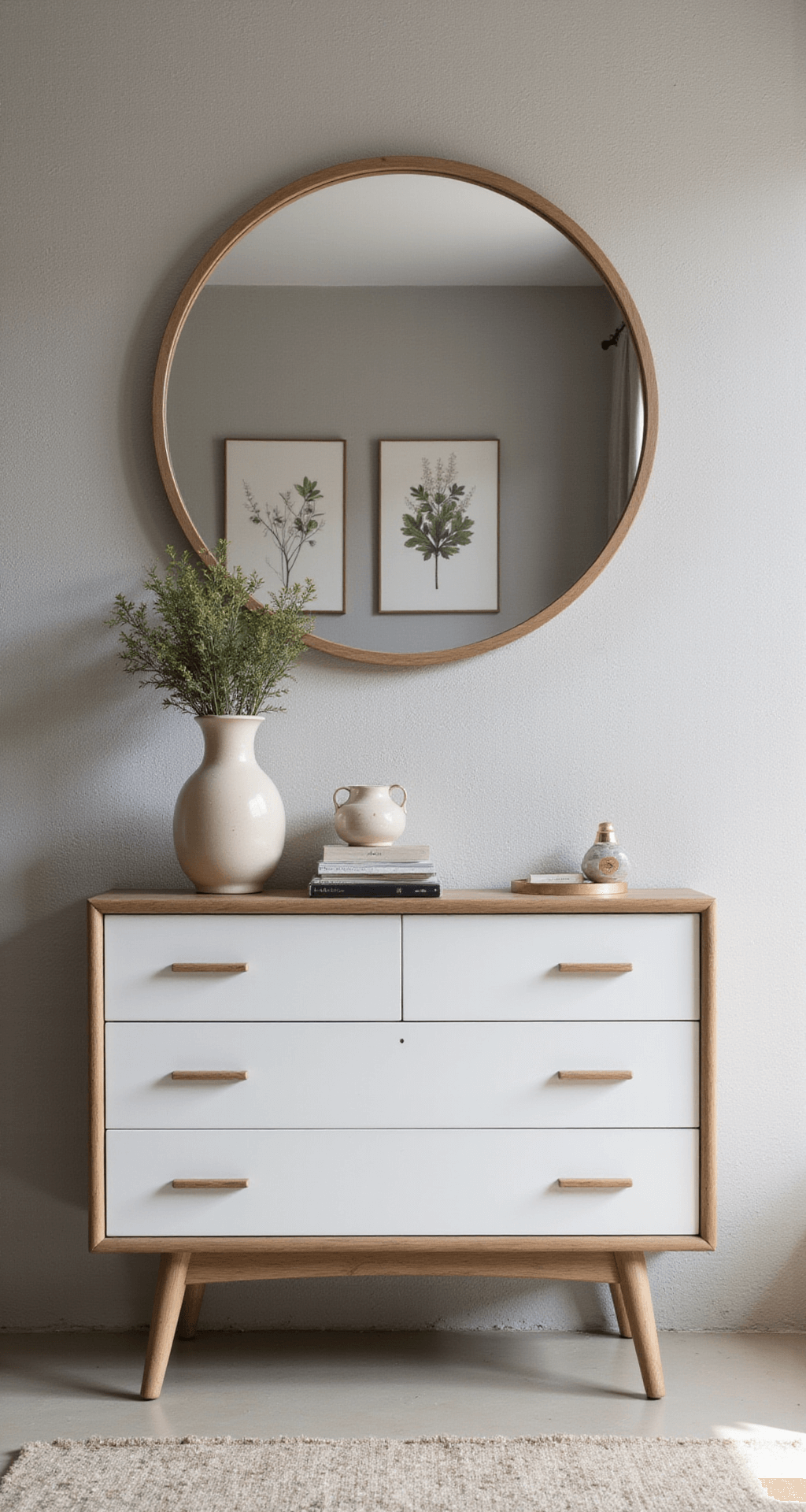 Symmetrische compositie van een verschoonhoek met een witte commode, geometrische messing handgrepen, een rond spiegelplateau en botanische prints in houten lijsten, vergezeld van opbergers in zacht grijs linnen en natuurlijke accessoires.