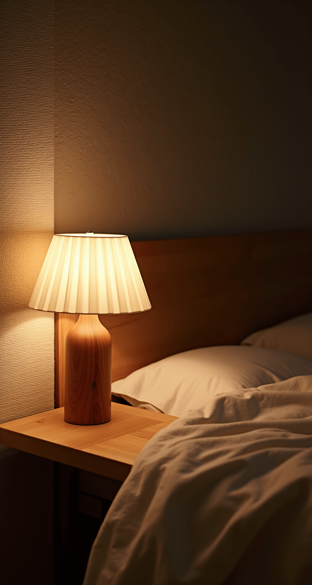Sfeervol avondshot van een slaapgedeelte met een lichtgrijs gestippeld ledikant, gebreide dekens in zandkleur, een crème linnen hemeltje, een messing wandlamp en een houten kruk met gestapelde dekens; warme terracotta accentdetails creëren een intieme sfeer.