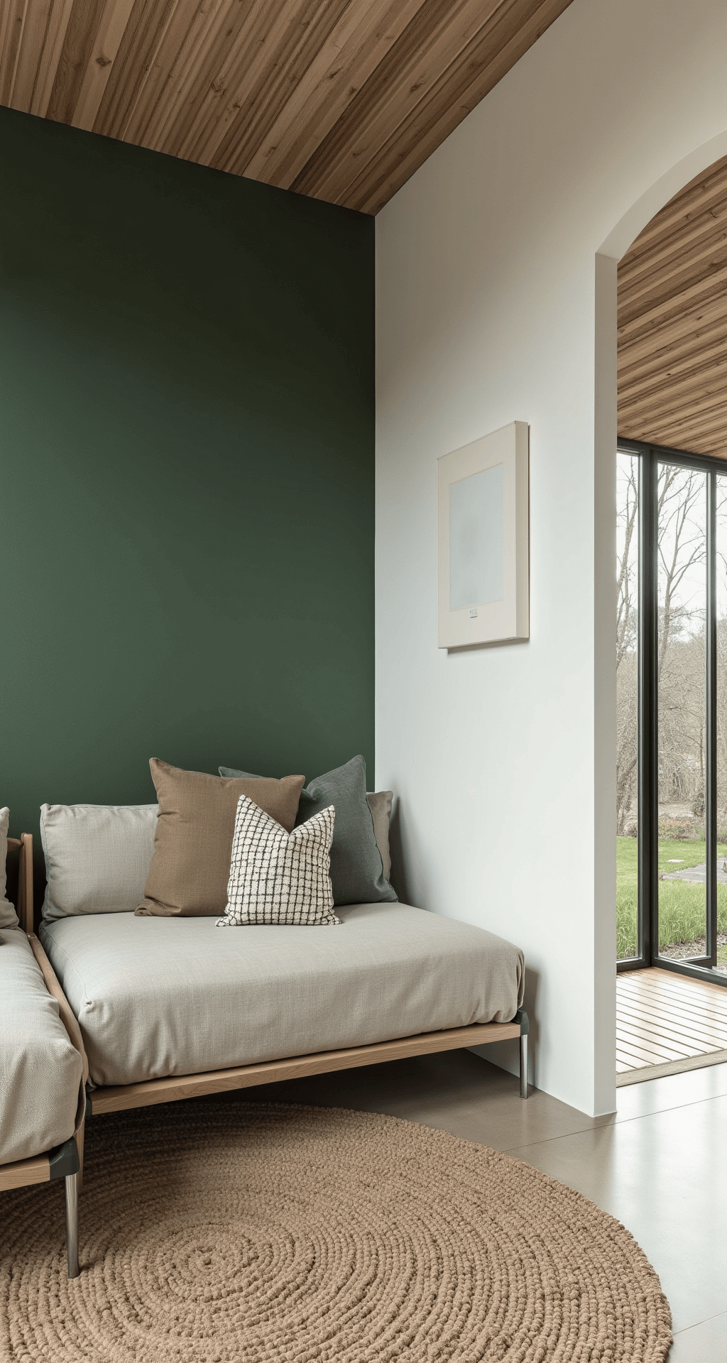 Overzicht van een L-vormige kamer met speelhoek en slaapzone, in gedempte middagzon. Sage groene accentmuur tegenover witte muren, met decor gemaakt van natuurlijke materialen zoals rotan, hout en linnen. Geometrische decoraties en zachte schaduwen, gefotografeerd met een 16mm groothoeklens voor een ruimtelijk effect.