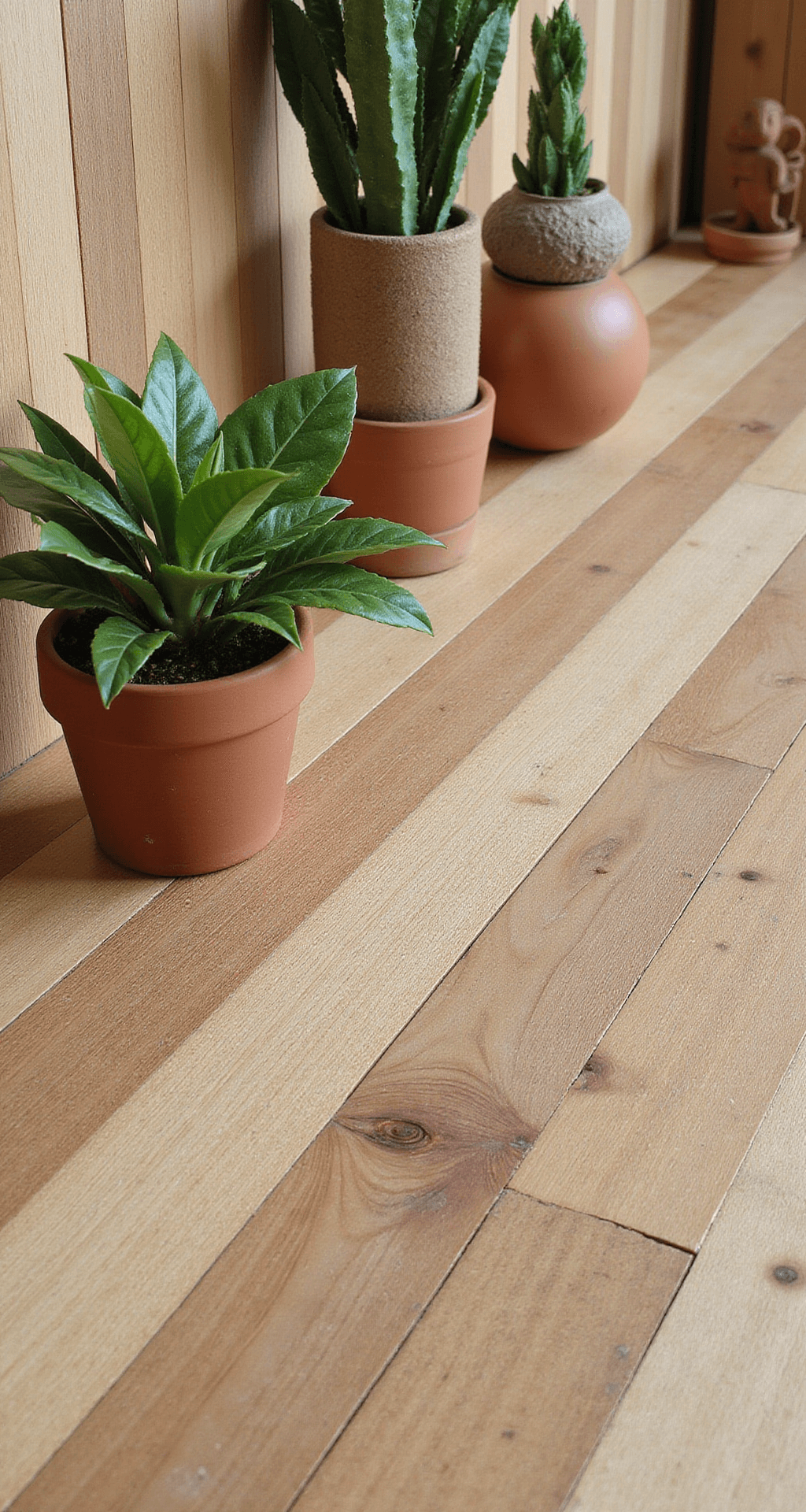 Detail van een opbergsysteem met lichthouten wandplanken, rotan manden, houten speelgoed, gebreide knuffels in aardtinten en botanische elementen in terracotta potten, gevangen in ochtendlicht.