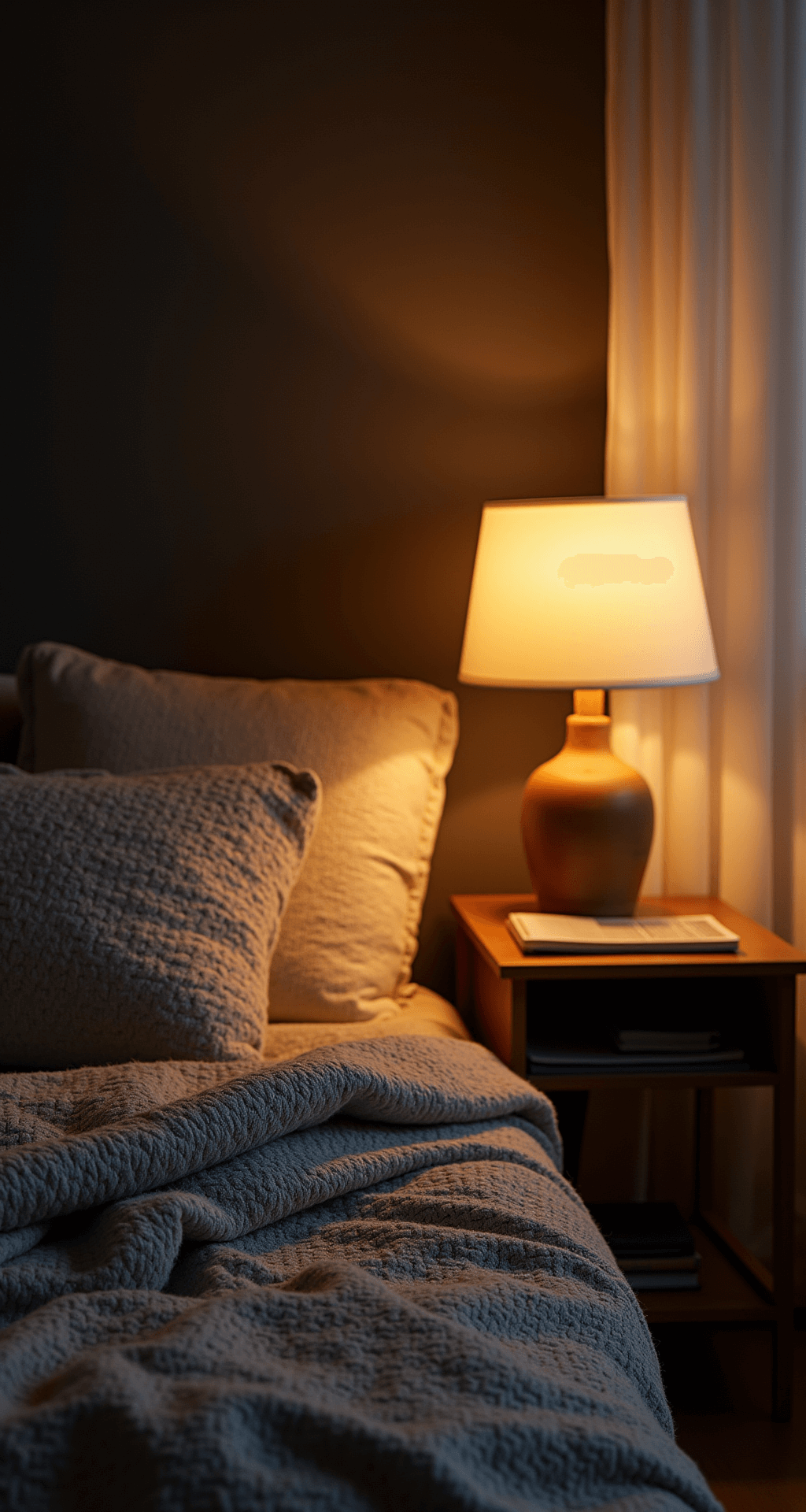 Avondstemming met een zandkleurige schommelstoel en dimbare staande lamp, omgeven door gebreide plaids en linnen kussens. Messing details glinsteren in het warme licht, terwijl een houten mobiel schaduwen werpt. Een intieme sfeer met rijke kleuren.