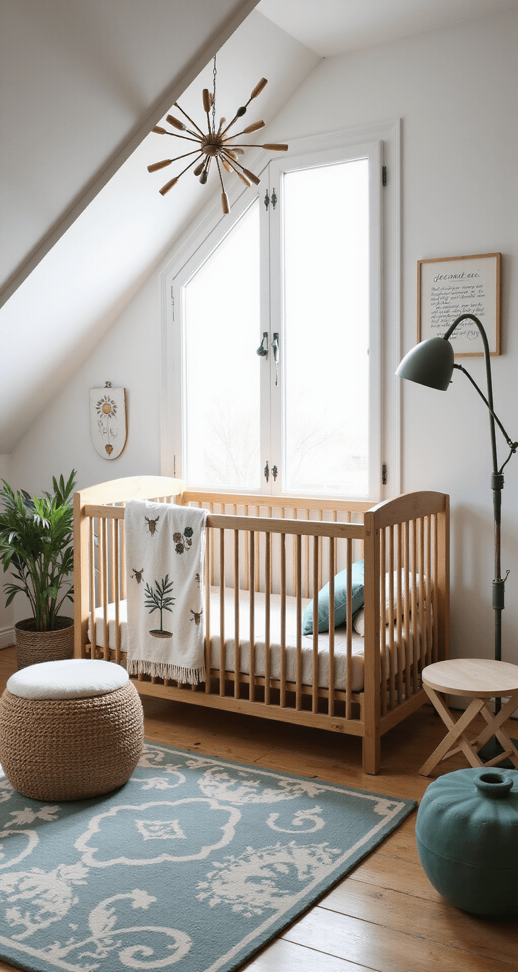 Een ruime babykamer met natuurlijk licht, een houten ledikant en mosgroene bedtextiel, omringd door bosdieren-behang, een vintage rotan schommelstoel, en een handgeweven vloerkleed in vergrijsd blauw.