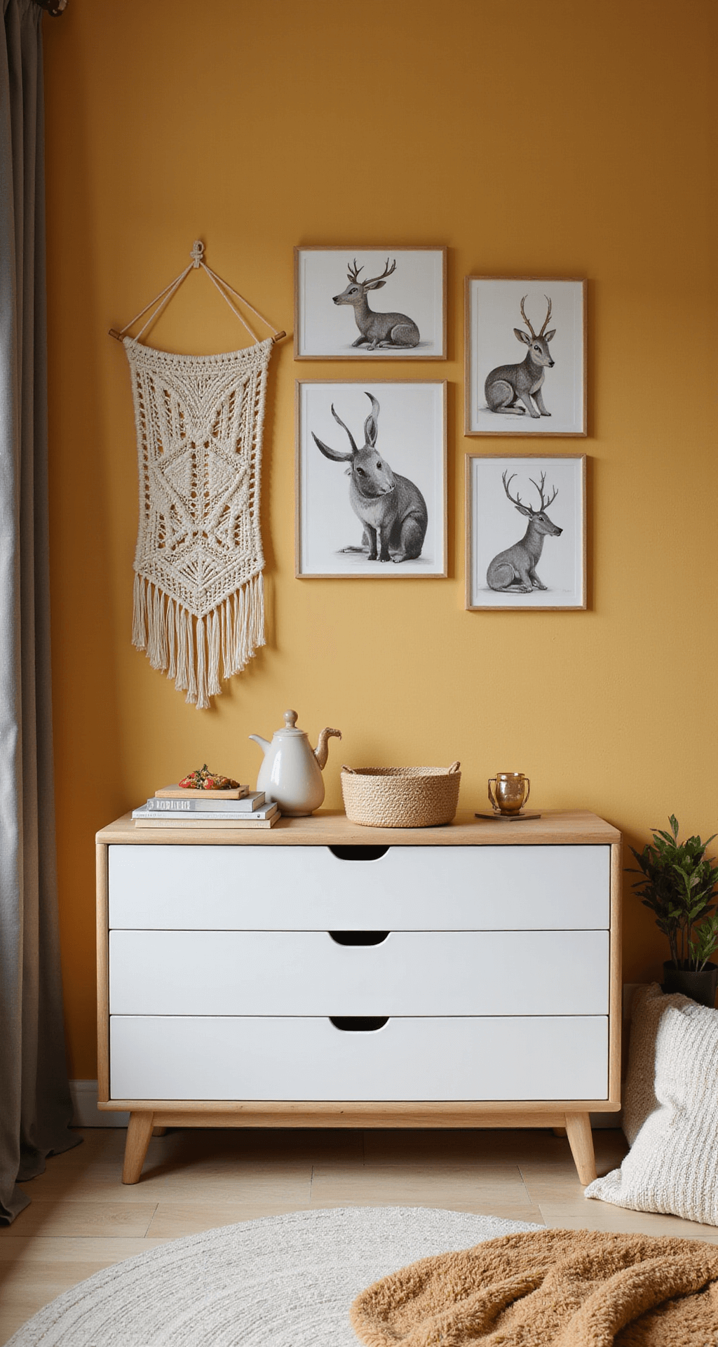 Intieme moderne babykamer met okergele muren en warmhouten lambrisering, minimalistische witte commode met koperen handgrepen, kunstzinnige gallery wall met bosdieren illustraties, macramé wandhanger met uiltjesmotief, en een rieten mand met zachte knuffels, gefotografeerd vanuit laag perspectief tijdens het gouden uurtje.