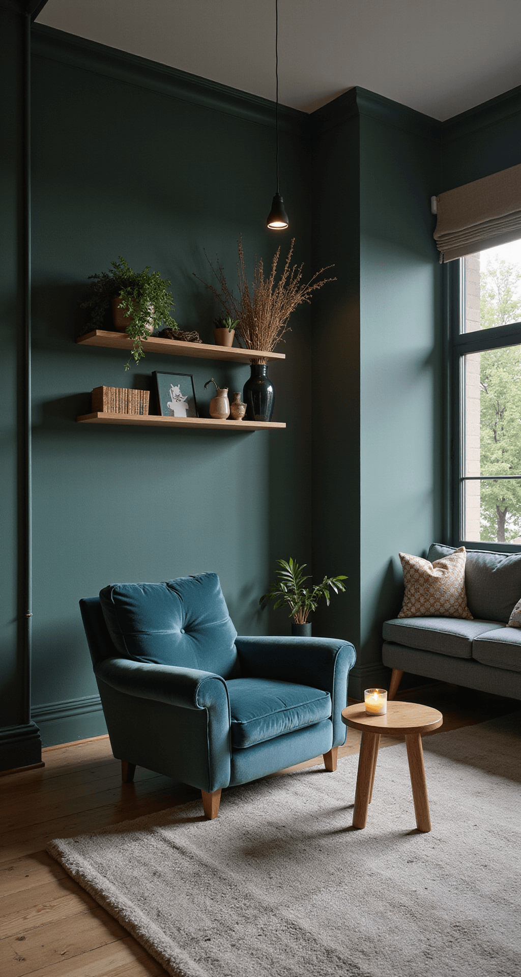 Intieme avondsfeer van een knusse voedingshoek met een diepe mosgroene accentmuur en gouden silhouetten van bosdieren, luxe fluwelen fauteuil in vergrijsd blauw, handgemaakt houten bijzettafeltje met keramisch nachtlampje, zachte schapenvacht op de grond, en drijvende planken met natuurlijke decoratie.