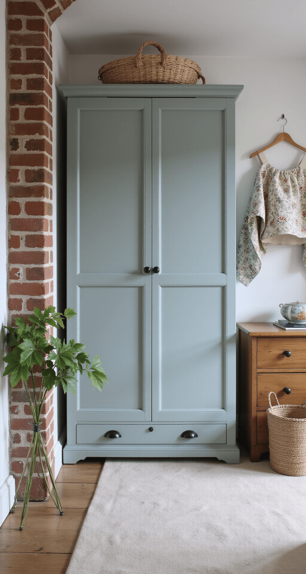 Ruime kledinghoek in ochtendlicht met een open garderobesysteem van licht berkenhout, natuurlijke linnen kledinghoesjes met bosdierenprints, een vintage kapstok met koperen haken als takken, een geweven mand met aardetinten dekens, en botanische prints op zacht pastelbehang, vastgelegd in diffuus natuurlijk licht.