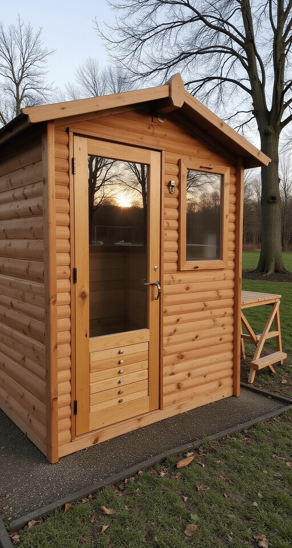 Compacte verschoonhoek met handgemaakte commode van gerecycled hout en koperen details, wandrek met gevlochten manden, spiegels in de vorm van bosdieren, okerkleurige handdoeken en een mobiel van houten schijfjes. Gezien vanuit een Dutch angle met warm strijklicht, praktisch maar speels.