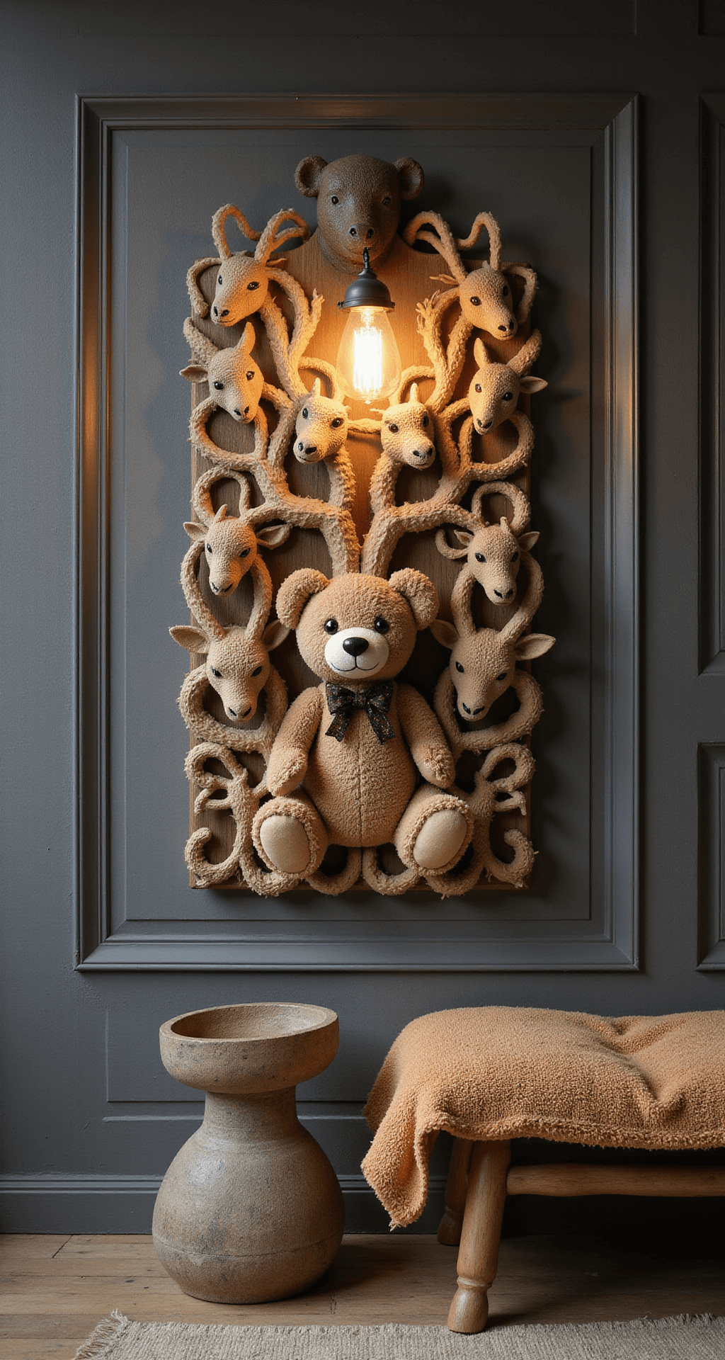 Een vintage boekenplank in boomvorm met sfeervolle verlichting en een oversized zitzak in teddy stof, omringd door een handgehaakte deken met een bosdiermotief. De wandlamp in de vorm van een paddenstoel draagt bij aan de magische en knusse sfeer, terwijl natuurlijke decoraties van takken en dennenappels het geheel afmaken. Het organische tapijt met extreme close-up compositie en dramatische spotverlichting versterkt de gezellige uitstraling van de ruimte.