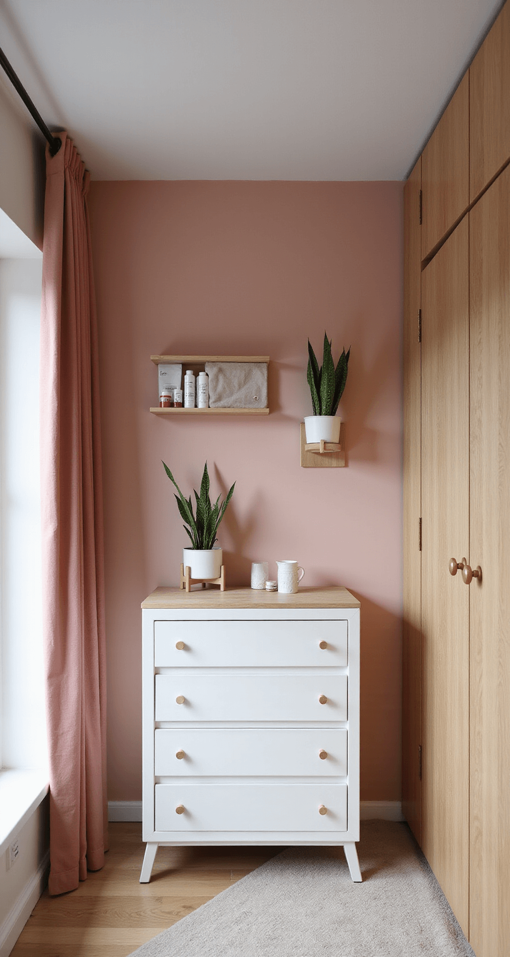 Moderne babykamer met hoog plafond, wit wandrek en lichtgrijze commode op zachtroze muur, zachte namiddagzon door linnen gordijnen, warm en uitnodigend.