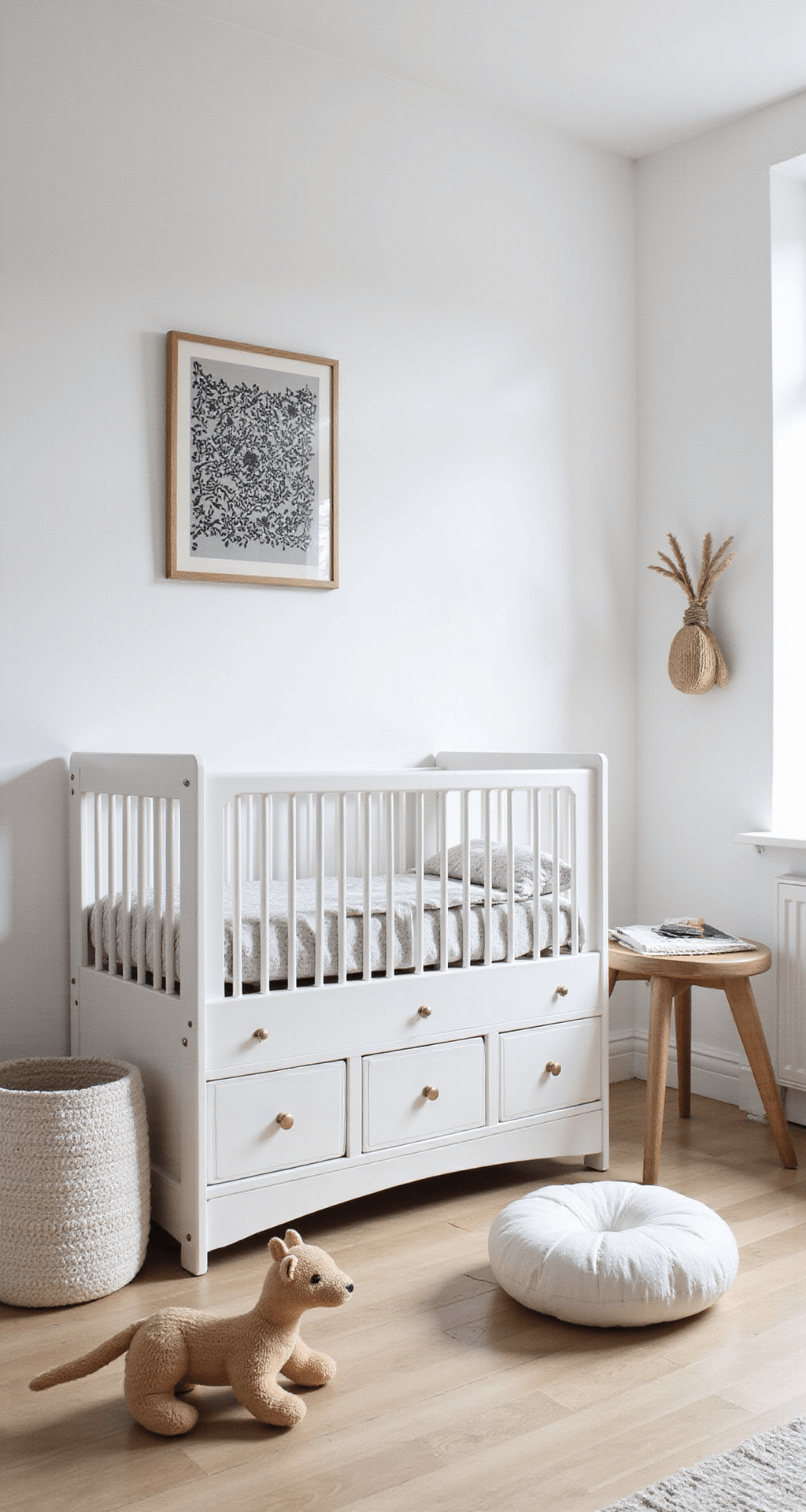 Scandinavische babykamer met minimalistische en speelse styling, wit houten wandrek boven naturel houten commode, vilten opbergmandjes, houten speelgoed en zwart-wit prints, in ochtendlicht.