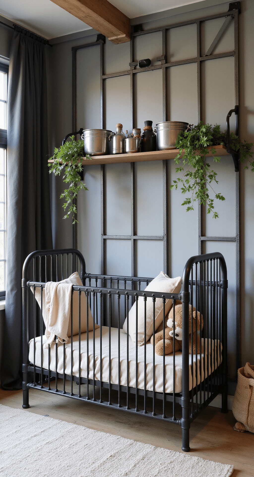 Industriële babykamer met zwart metalen wandrek tegen een betonlook muur, verlicht door middag zonlicht uit industriële ramen. Het wandrek is gevuld met vintage metalen bakjes en glazen potten met babybenodigdheden, aangevuld met teddy's en zachte accessoires.