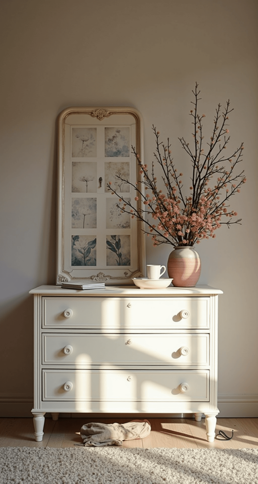 Een landelijke babykamer van 3x4m in warm middaglicht, met een wit houten wandrek met kraaldetails boven een crèmekleurige commode, versierd met rieten mandjes, gedroogde bloemen en vintage fotolijstjes. De sfeer is romantisch en nostalgisch, en de materialen omvatten geschilderd hout, riet en linnen in een kleurenpalet van gebroken wit, crème, oudroze en vergrijsd mint.