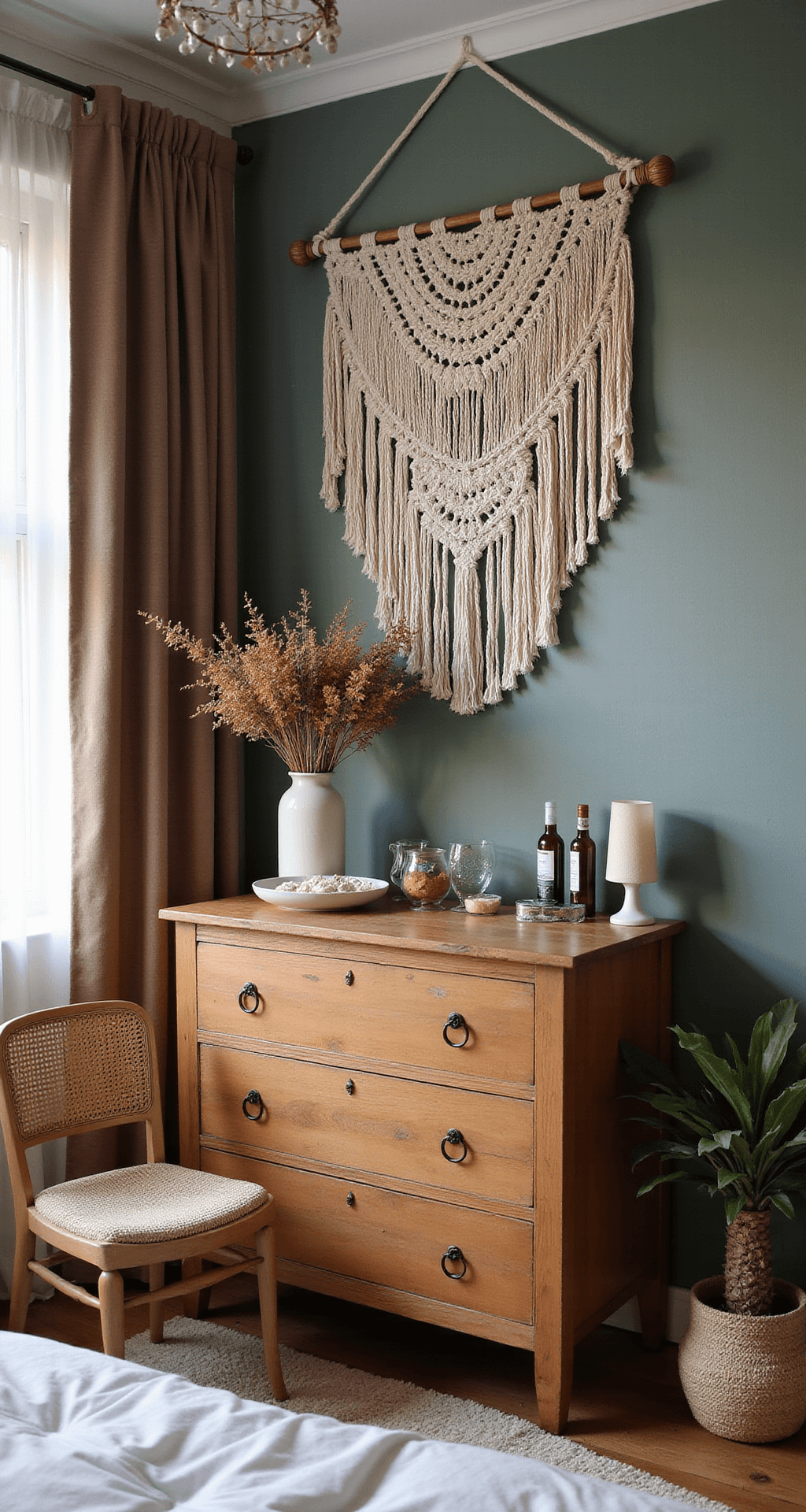 Bohemian babykamer van 4x4.5m in late middaglicht, met bamboe wandrek en macramé details boven een vintage commode, gestyled met geweven mandjes, droogbloemen en kristallen in warme bruin-, terracotta-, ecru- en sagegroentinten.