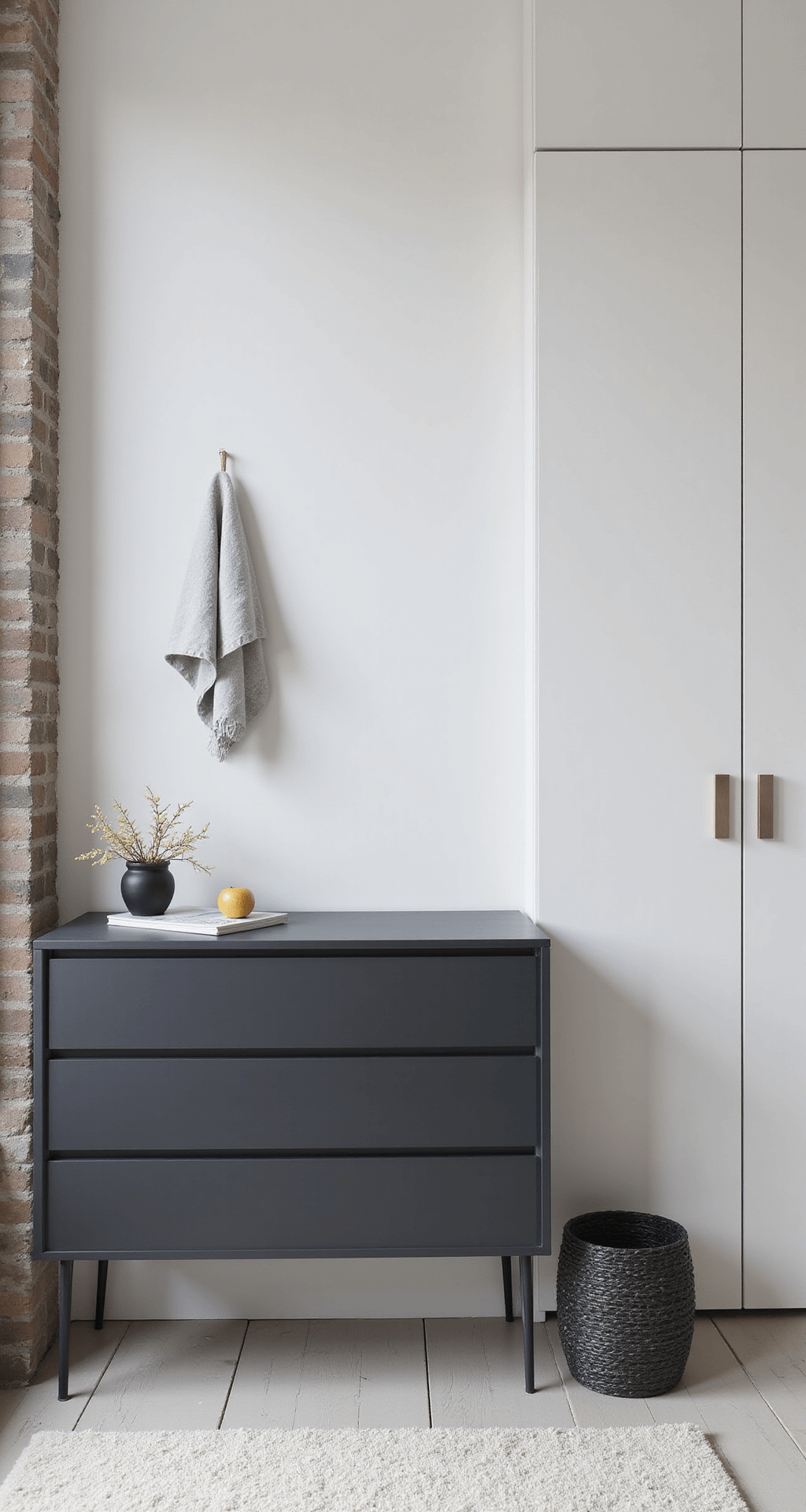 Minimalistische babykamer met een zwevend wit wandrek boven een matzwarte commode, in helder ochtendlicht. Designstukken en verzorgingsitems, met een kleurenpalet van wit, zwart, lichtgrijs en een accent in pastelblauw.