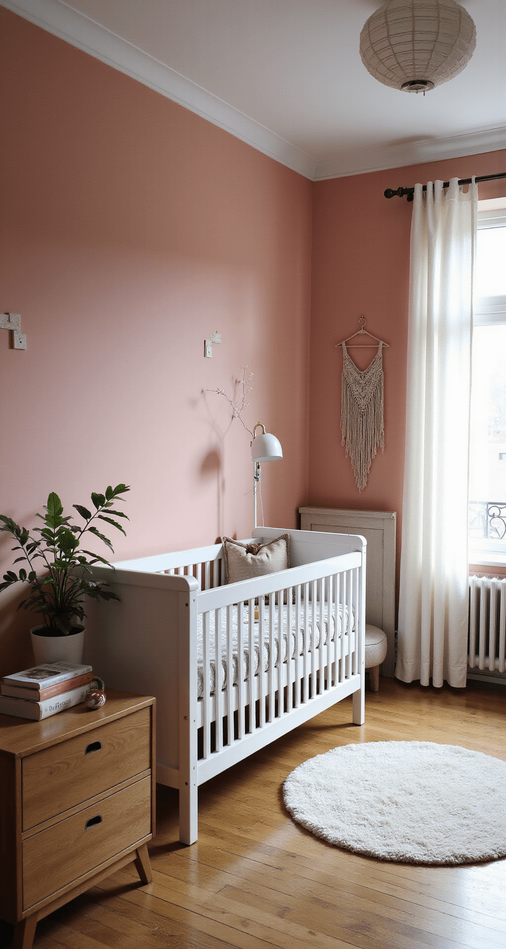 Een lichte en ruime babykamer met hoge plafonds, een klassiek wit ledikant tegen een zachtroze muur met jungle muurschildering, grote ramen met witte linnen gordijnen, een bamboe vloerkleed, houten commode en macramé wandhanger, alles in zachte groentinten en aardetinten, vastgelegd tijdens het gouden uur.