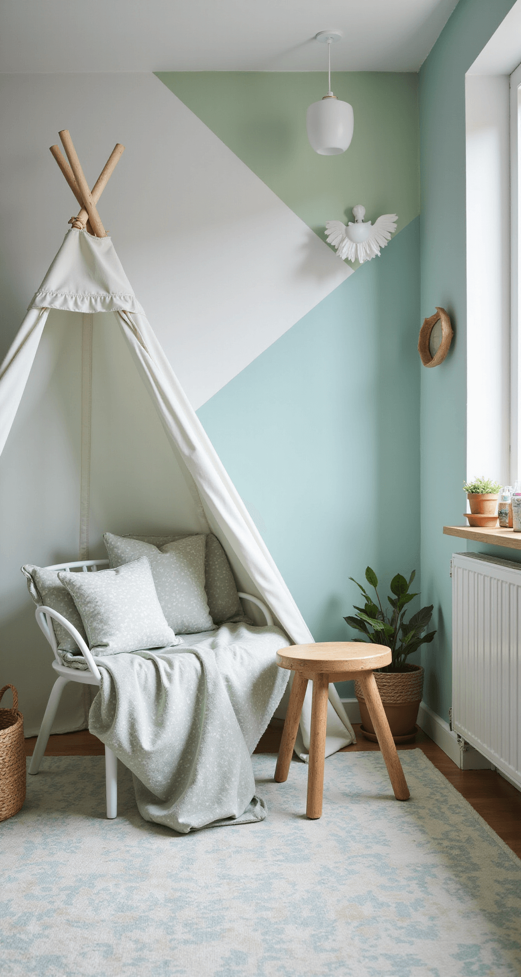 Vierkante kinderkamer met statement muurschildering van bosdieren, wit basismeubilair met mosterdgeel en sage groene accenten, vintage houten schommelstoel en geometrisch handgeweven tapijt, speelhoek met tipi tent en kussens, vastgelegd in dramatisch ochtendlicht.