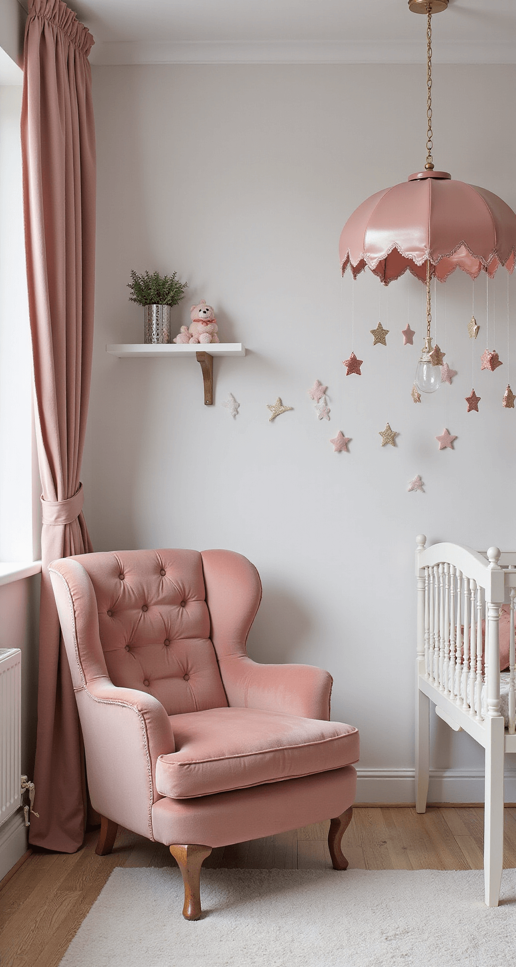 Compacte babykamer in pasteltinten met Disney-geïnspireerde muurschildering, modern wit ledikant met gouden details, zwevende boekenplanken vol sprookjesboeken, poederroze velours fauteuil, kristallen kroonluchter en zacht hoogpolig tapijt in gebroken wit.