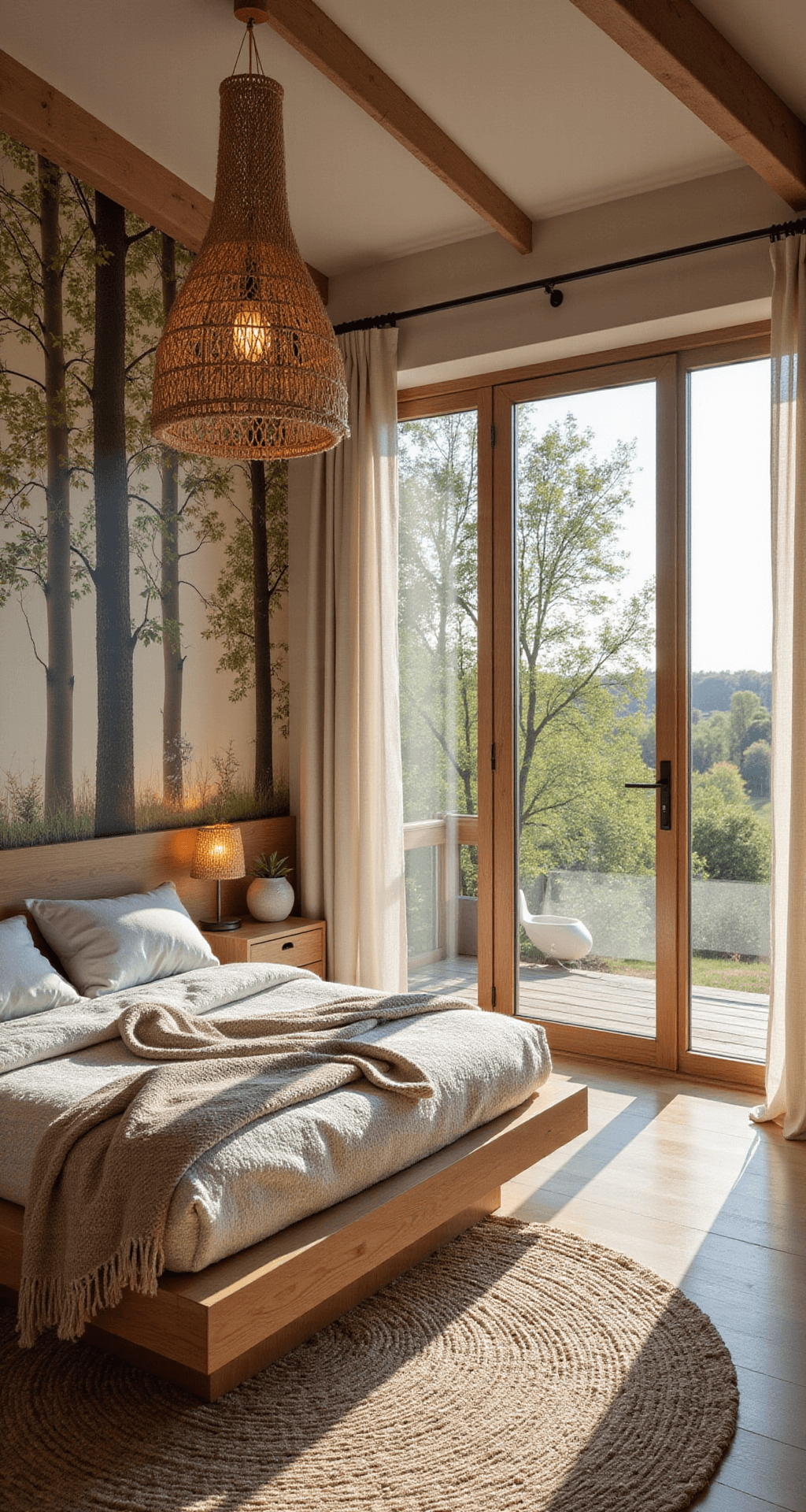 Ruime kinderkamer bij zonsondergang met panoramische regenboog muurschildering, modern wit en natuurlijk houten meubilair, een macramé hangschommel, organische decoraties, aardetinten bedtextiel, rotan lampenkappen, grote zwevende boekenkast en een klimwand, vastgelegd vanuit een verhoogd standpunt in dramatisch avondlicht, met een avontuurlijke, bohemian sfeer.