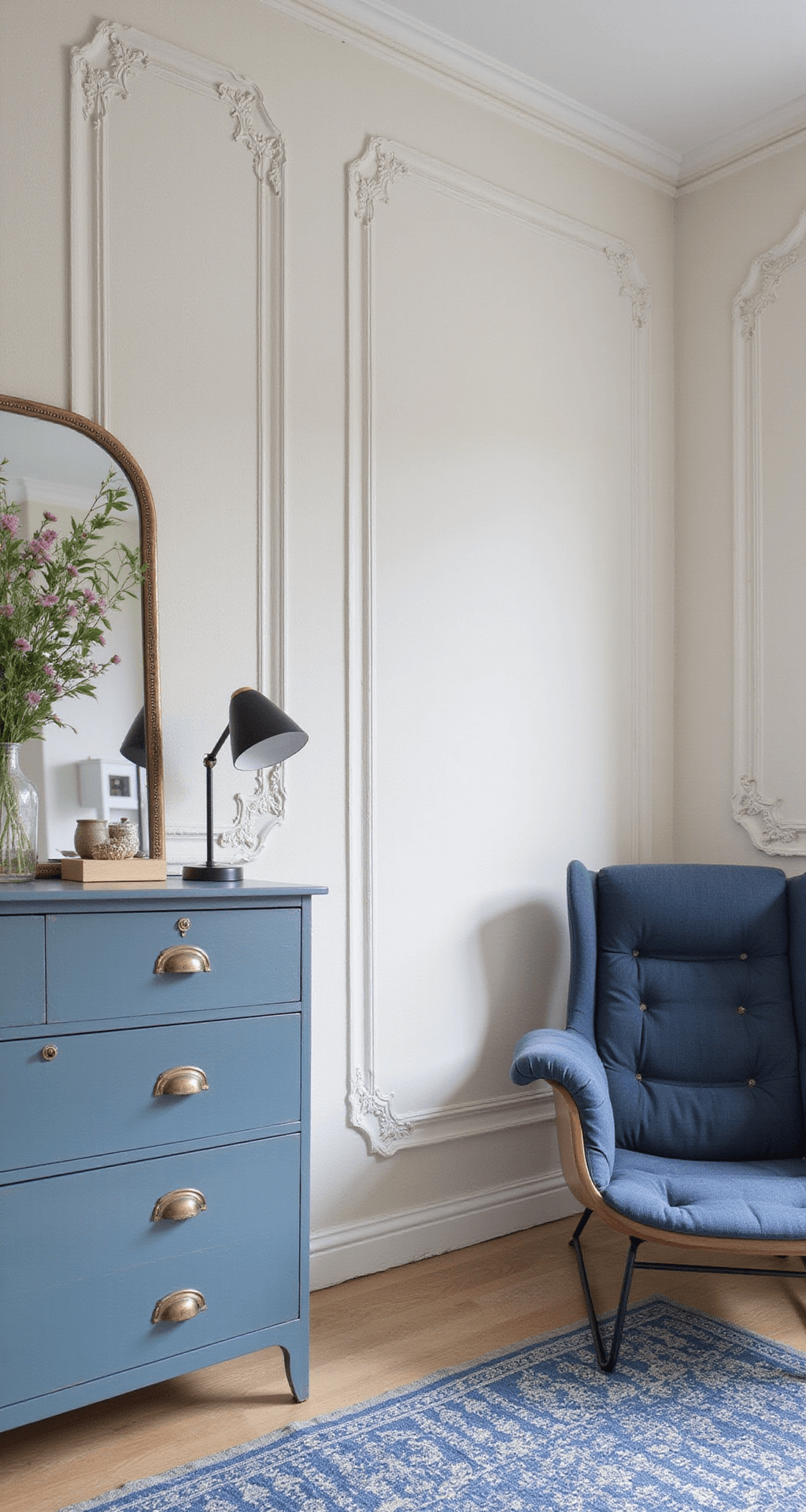 L-vormige babykamer met ochtendgloren, gepersonaliseerde kalligrafie muurschildering, vintage en modern meubilair, handgeknoopt Perzisch tapijt, diepblauwe fluwelen gordijnen en natuurlijk zacht licht.