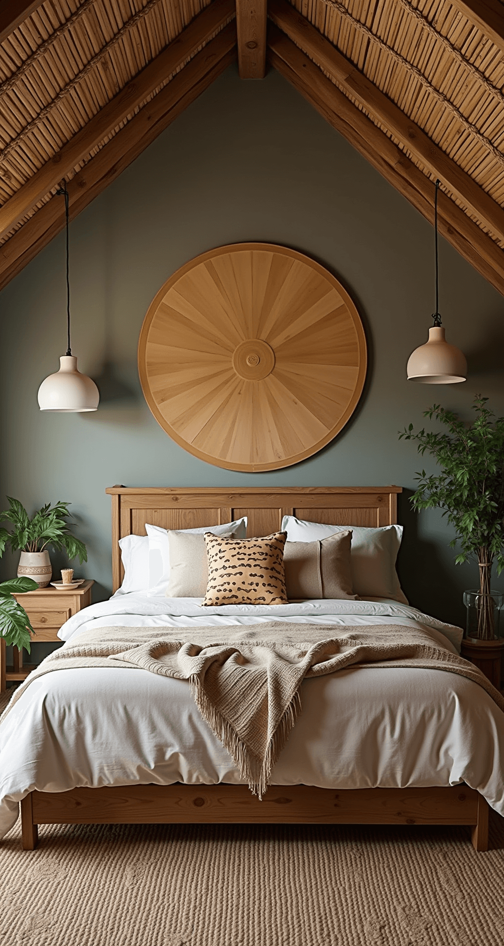 Zolderkamer te zien in middaglicht met safari thema muurschildering, natuurlijk rotan meubilair en zandkleurig linnen bedtextiel, omringd door botanische accessoires en tribale elementen, gefilterd daglicht benadrukt de ruimtelijke diepte.