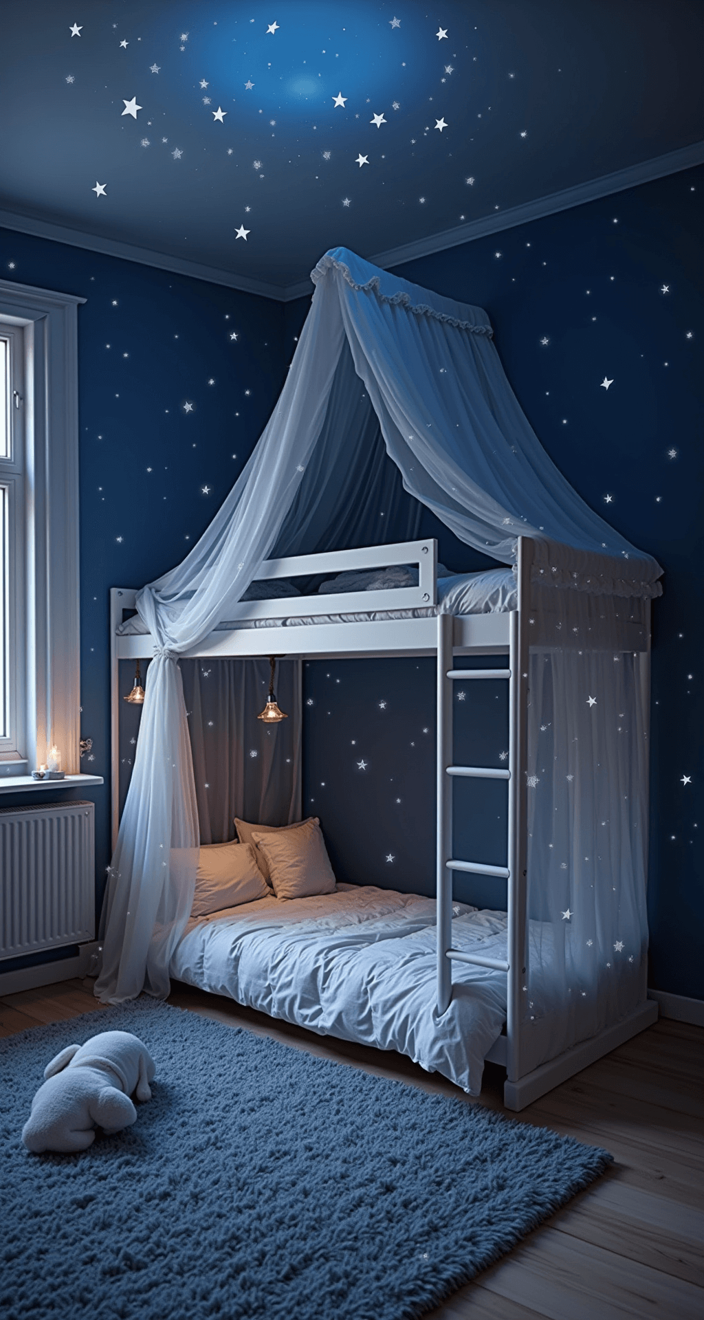 Een rechthoekige kinderkamer in schemerlicht met een oplichtende sterrenhemel muurschildering, modern wit ledikant met doorzichtig hemelbed, zwevende nachtkastjes, een wollig vloerkleed en nachtblauwe velours gordijnen. Messing accenten in verlichting en accessoires creëren een magische, dromerige nachtsfeer.