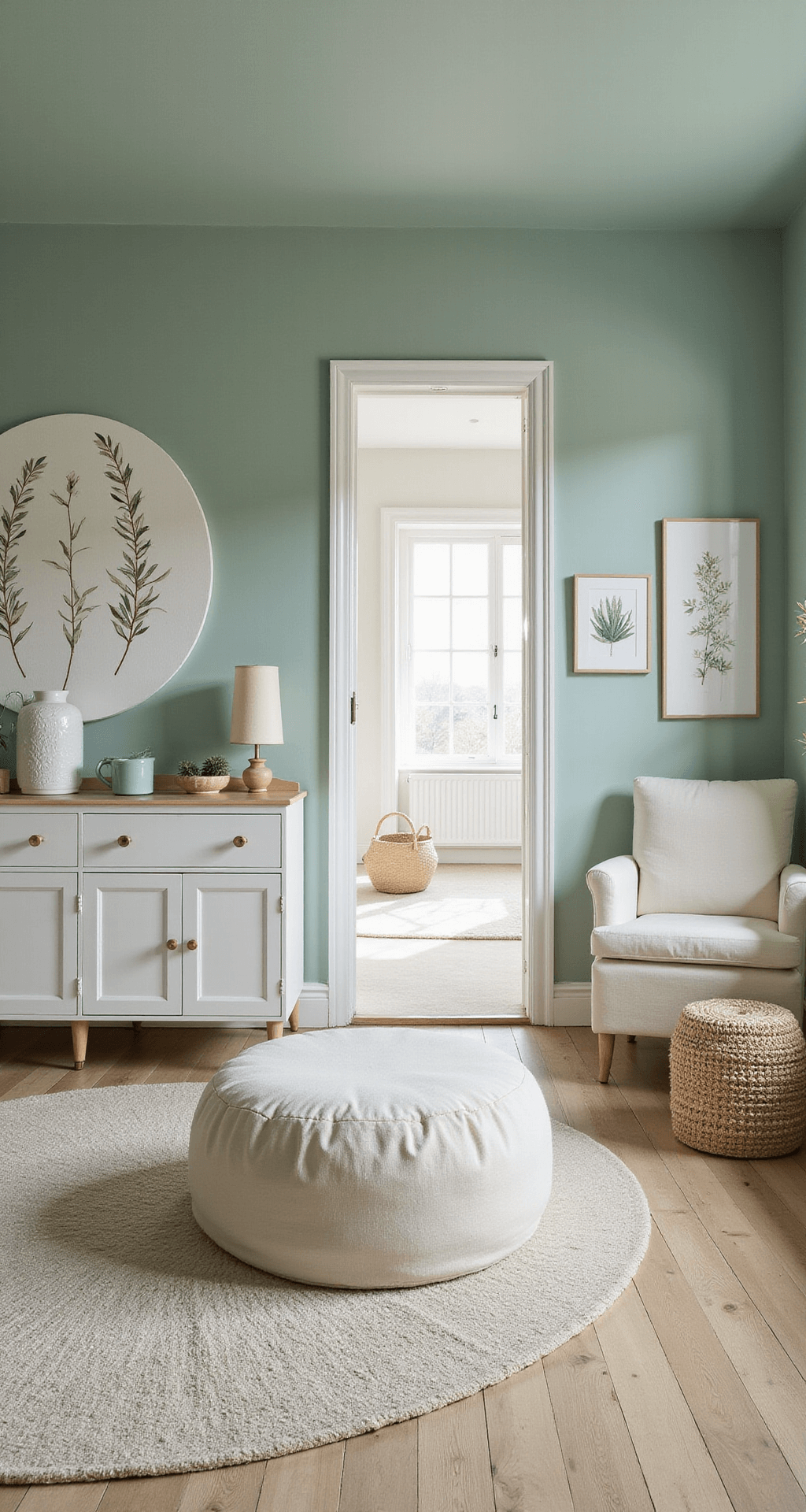 Een serene babykamer in zachte mintgroene tinten, met hoge plafonds en ochtendlicht dat door grote ramen met linnen gordijnen binnenvalt. Centraal staat een wit houten ledikant met natuurlijk linnen beddengoed. Een oversized rotan schommelstoel met crèmekleurig kussen is te zien, omringd door botanische prints en houten wandplanken vol knuffels. Een rond ecru tapijt definieert de speelzone, met natuurlijke texturen zoals gevlochten manden en linnen opbergers.
