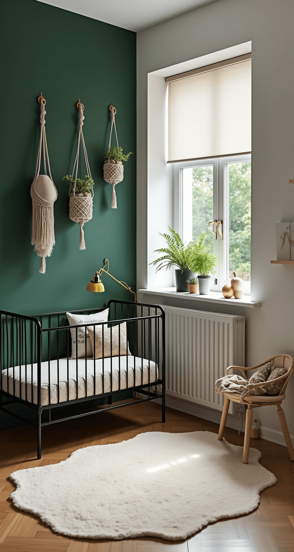 Intieme babykamer met forest green accentmuur, modern zwart metalen ledikant met botanisch beddengoed, luxe fluwelen voedingsstoel in warmgrijs, gouden staande lamp, zwevende planken met natuurlijke decoratie, geometrisch vloerkleed in groen/beige, en hangende macramé planthouders met luchtzuiverende planten, verlicht door warm gouden namiddaglicht.