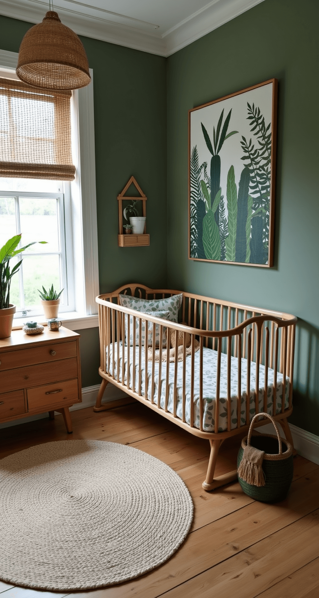 Een avontuurlijke en gezellige babykamer met diepgroene wanden, een naturel houten ledikant met jungle print bedlinnen, vintage rotan commode met koperen handgrepen, grote wandschildering van tropische bladeren, en een gevlochten hangstoel met groene kussens, alles verlicht door diffuus middaglicht dat door bamboe rolgordijnen valt. De sisal vloerbedekking met een rond juten tapijt voegt warmte toe aan de ruimte.