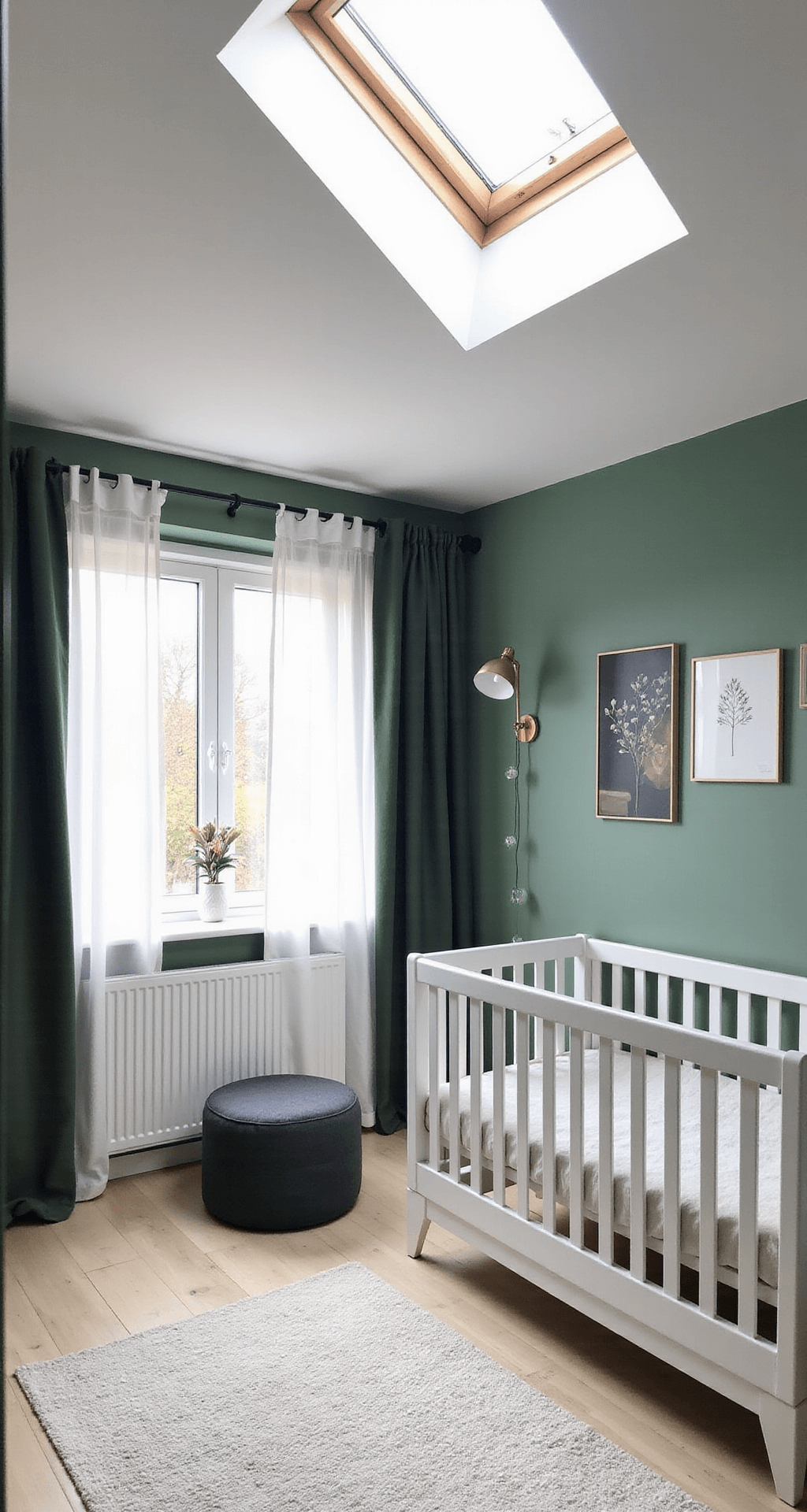 Ruime Scandinavische babykamer met vergrijsd olijfgroen, ochtendzon door Velux dakramen, minimalistisch wit ledikant met linnen hemel, lichtgrijze voedingsstoel met schapenvacht, zwart-wit gallery wall met natuurprints, geometrische berken opbergkasten en een wit hoogpolig tapijt met groene accenten.